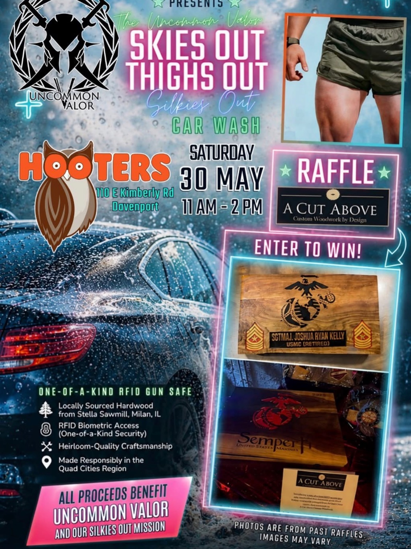 We’re honored to team up with Uncommon Valor for their “Skies Out, Thighs Out” Car Wash fundraiser on Saturday, May 30th at Hooters in Davenport! 🇺🇸🫡
To help support an incredible cause, we’ll be raffling off a one-of-a-kind handcrafted RFID gun safe - built right here at A Cut Above Custom Woodwork using locally sourced hardwood from the Quad Cities region. 🔥🌳
Features include:⚡ RFID biometric access🪵 Locally sourced hardwood🛠 Heirloom-quality craftsmanship🇺🇸 Built with purpose and pride
📍 Hooters – 110 E Kimberly Rd, Davenport🕚 11AM – 2PM📅 Saturday, May 30th
Every dollar raised helps support Uncommon Valor and their mission for our veterans and community.#veteran #customwoodwork #customwoodworking #rfidprotection #guns