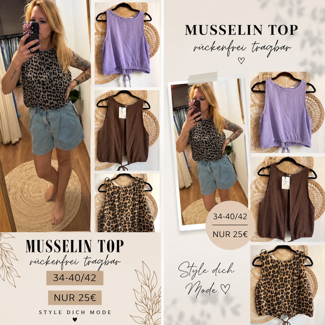 🌿 MUST-HAVE MUSSELIN TOP 🌿
Super vielseitig & ein echter Hingucker 😍
Das Musselin Top kannst du normal oder rückenfrei tragen – zwei Looks in einem!
✨ Größe: passt von 34–40/42
✨ Farben: Flieder, Braun & Leo
✨ Luftiger, leichter Stoff – perfekt für den Sommer
💸 Nur 25€ – absoluter Top Preis!
👉 Jetzt bei Style dich Mode erhältlich#styles #boutiqe #smallbusinesssupportingsmallbusiness #musselin #shoppen