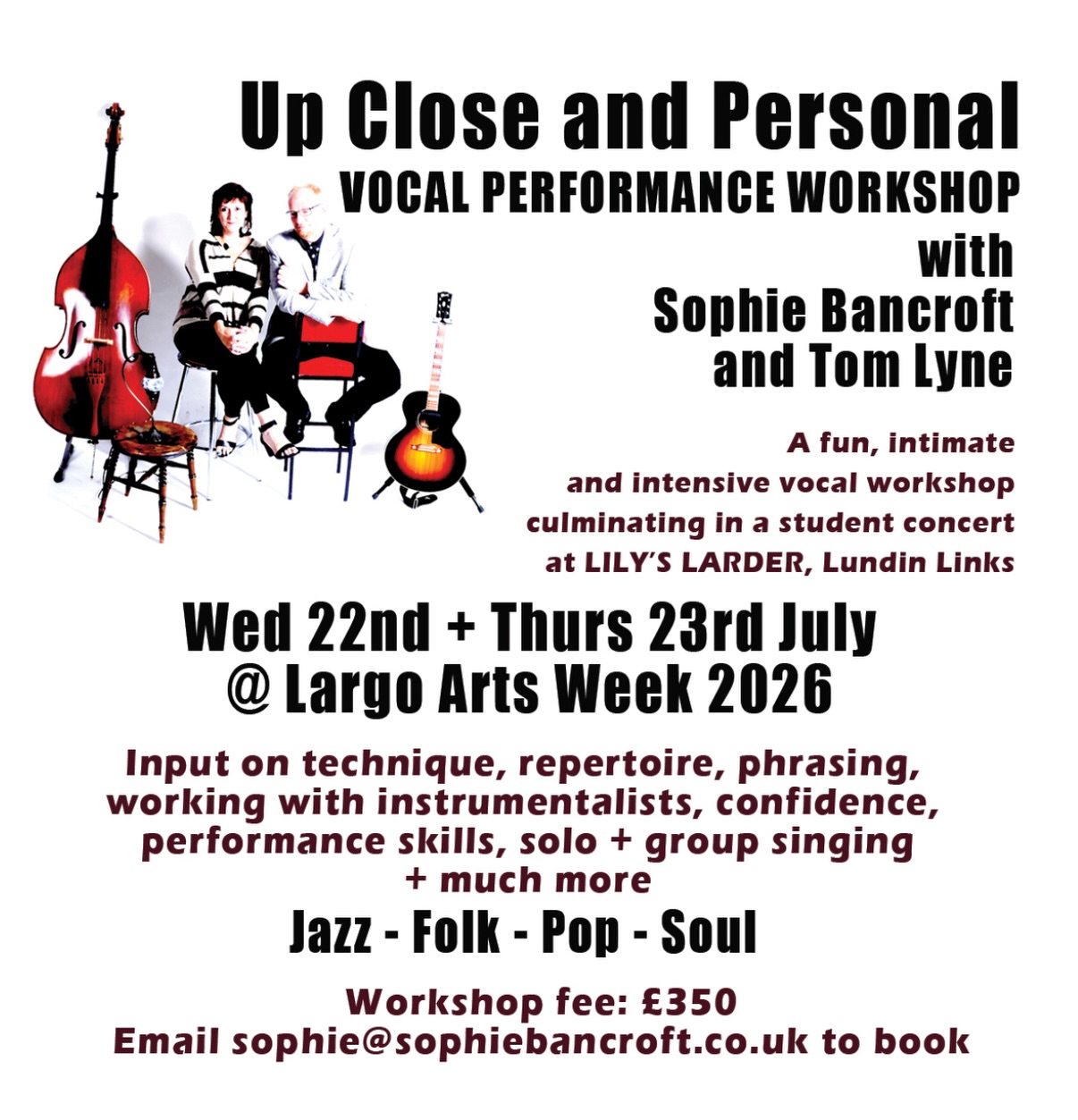 Largo Arts are proud to announce a special gig & workshops for all musicians that wish personal songwriting & music structure tuition. These classes will feature the renowned Scottish-based jazz duo Sophie Bancroft & Tom Lyne. Places are limited so if you wish to book your place please email Sophie directly at sophie@sophiebancroft.co.uk
#sophiebancroft #largoartsweek #workshops #jazz #ArtsFestival