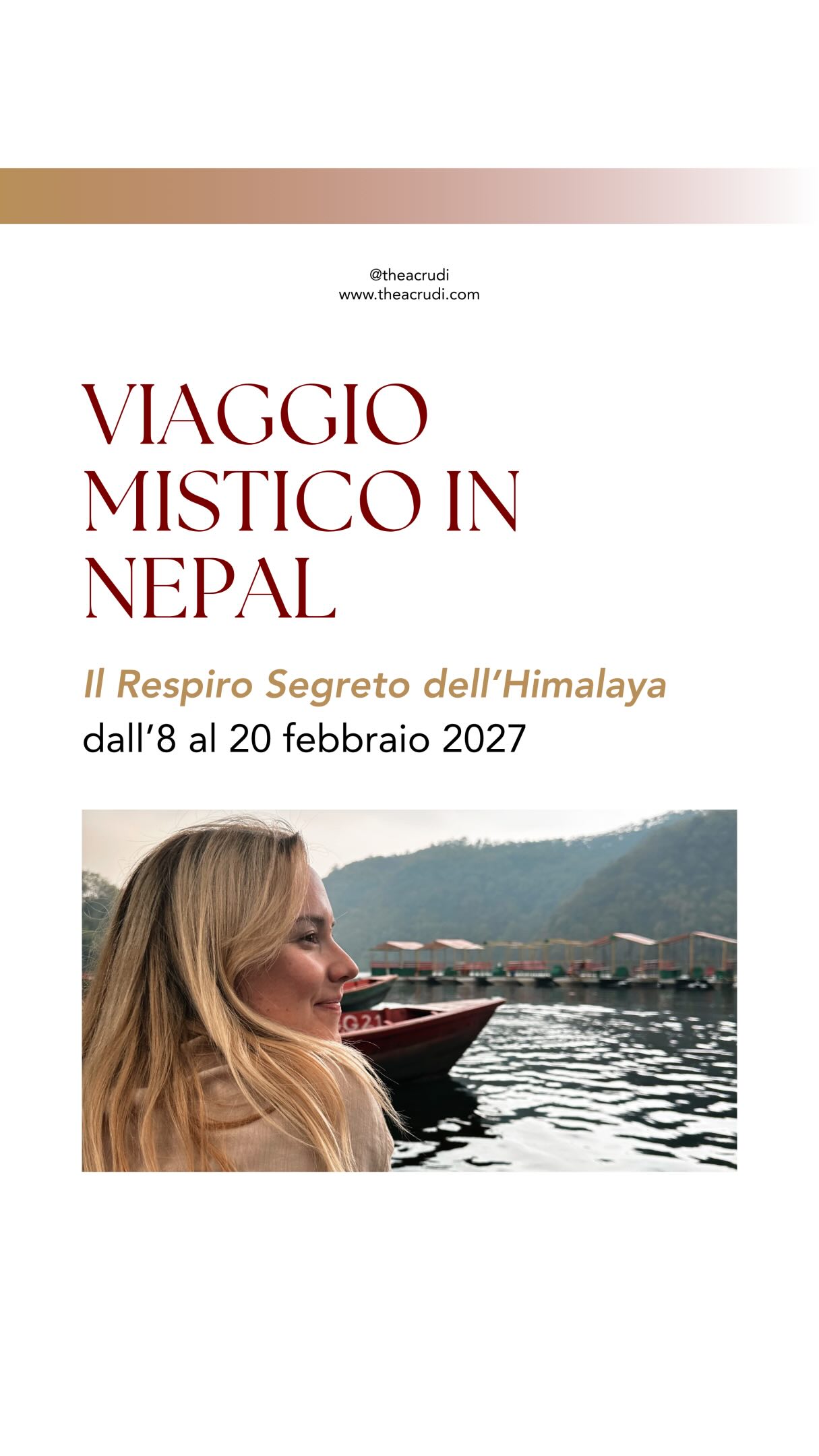 Desidero ricordarti che domani, domenica 17 maggio, terminerà ufficialmente la finestra per riservare il tuo posto in Nepal usufruendo dell’agevolazione speciale sulla quota di partecipazione 🙏🏻✨🎁
Il Nepal è un campo di informazioni elevate che pulsa a frequenze sottili e potentissime, dove ogni montagna custodisce memorie millenarie e ogni tempio è un varco verso l’Invisibile.
Entrare in questo spazio sacro agisce come un risveglio immediato per il Corpo e per l’Anima ♥️
Se senti questa chiamata nel cuore, puoi partire con me dall’8 al 20 febbraio 2027! 🫂
👇🏻 Alcune Note:
- Il viaggio sarà comodo e accessibile a tutti, senza il bisogno di prepararsi fisicamente.
- Per evitare le strade più impervie e viaggiare in totale relax, sono previsti 3 voli interni oltre a quelli internazionali.
✈️ Commenta con NEPAL per ricevere in DM tutti i dettagli del viaggio!
#nepal #visitnepal #viaggiomistico #viaggiare #spiritualità