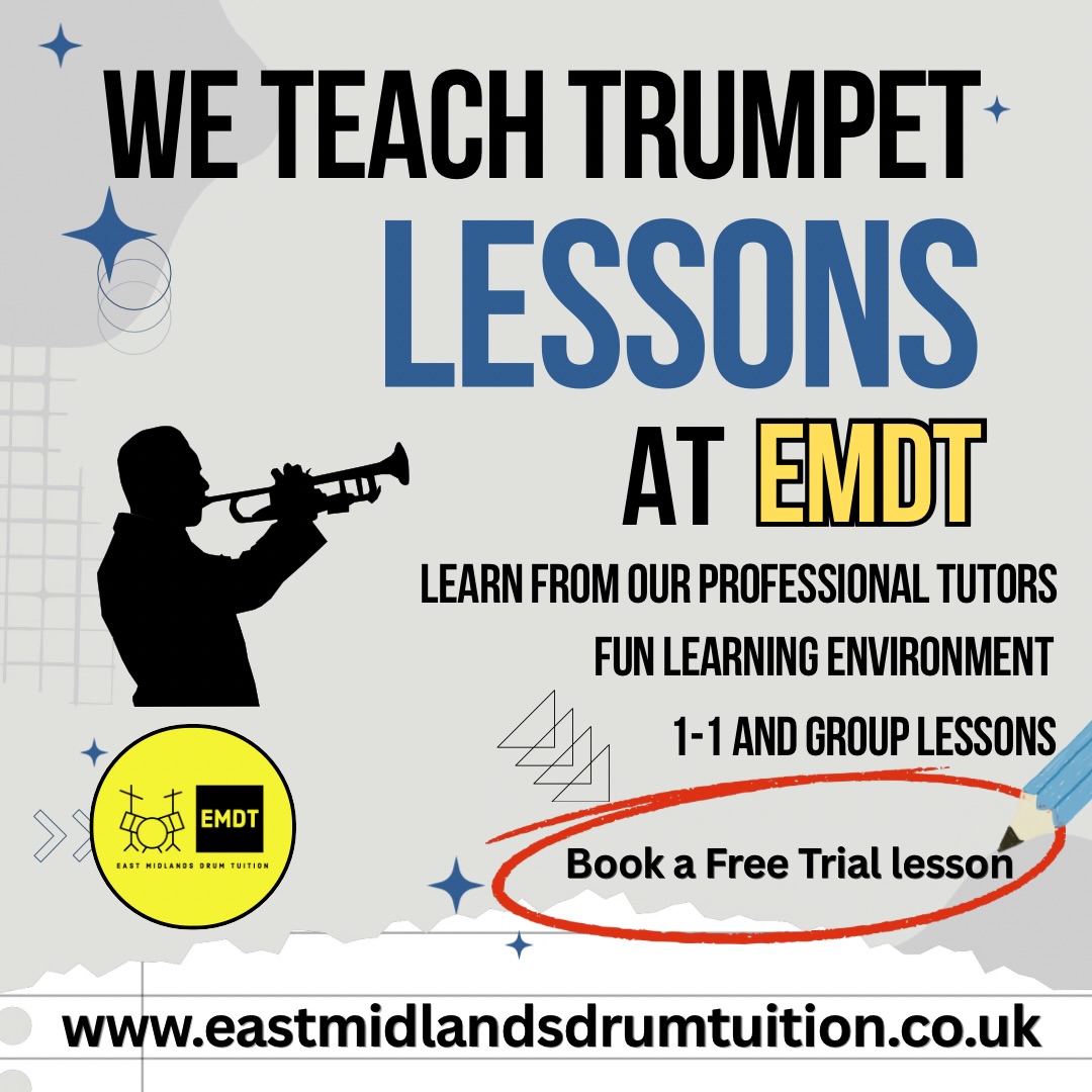 🎺We now offer Trumpet lessons at EMDT.
🎺Learn from our qualified teachers.
🎺Group lessons and 1-1 lessons
🎺Learn for fun or work towards structured grades.
🎺We always offer a free 30 minute trial lesson in a friendly and encouraging environment.
🎺All equipment provided in our brand new studio.
🎺Lessons suitable for all ages and abilities.
🎺Book a FREE trial lesson today.
#eastmidlandsdrumtuition
#trumpet
#trumpetlessons