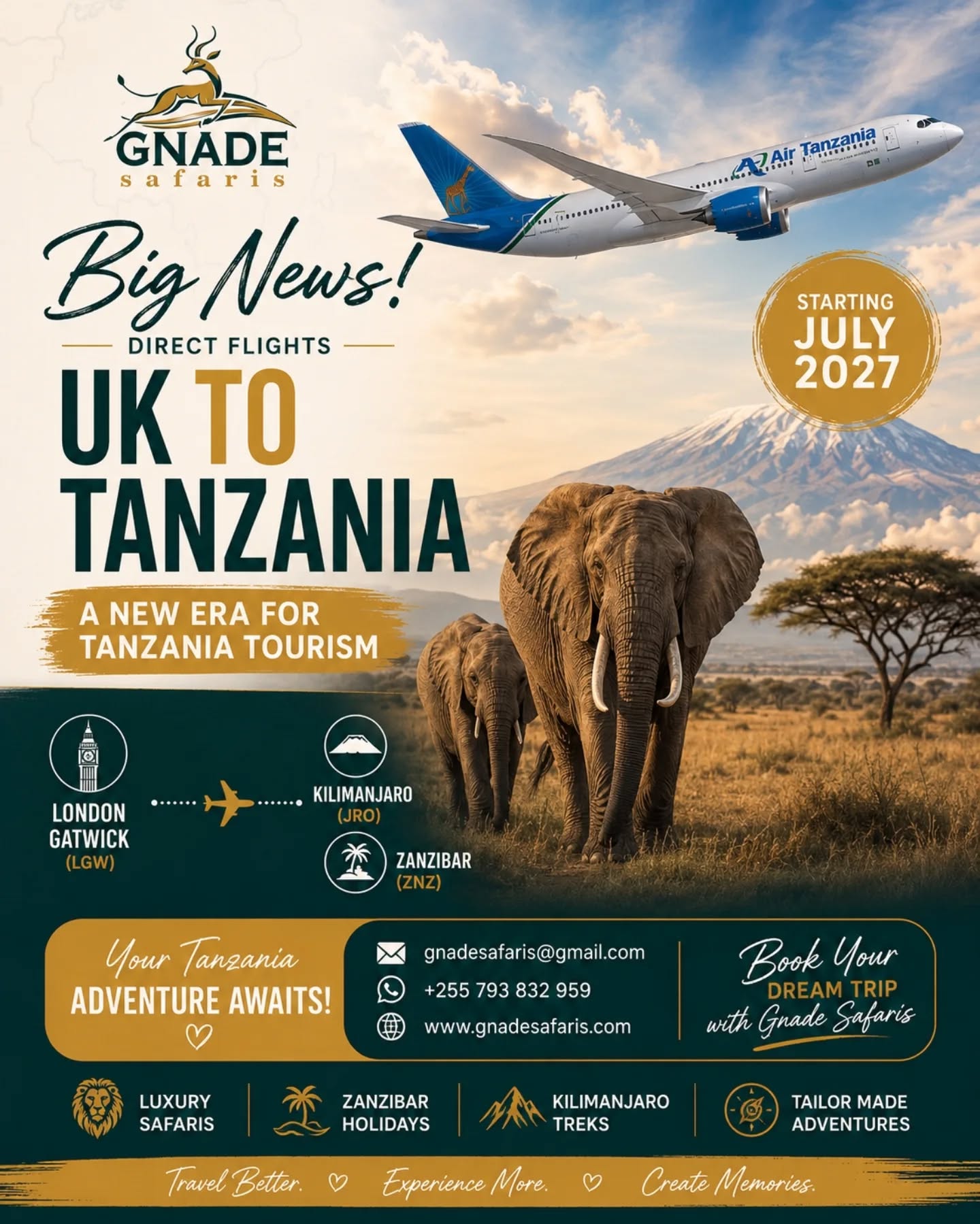 🇬🇧✈️ BIG NEWS FOR TANZANIA TOURISM! 🇹🇿
Traveling from the UK to Tanzania is about to become easier than ever! Air Tanzania has officially announced plans to launch direct flights from London Gatwick to Kilimanjaro and Zanzibar starting in July 2027. 🌍
This means faster, smoother, and more comfortable travel for visitors dreaming of:
🐘 Serengeti Safaris
🏝️ Zanzibar Beach Holidays
🏔️ Mount Kilimanjaro Adventures
🦁 Big Five Wildlife Experiences
No more long layovers through multiple international airports — just direct access to the beauty of Tanzania aboard the modern Boeing 787-8 Dreamliner. ✨
For safari lovers, honeymooners, families, and adventure travelers, this is a major milestone that will make Tanzania more accessible than ever before.
At Gnade Safaris, we are excited to welcome even more travelers to experience the magic of Tanzania with unforgettable safari tours and Zanzibar beach escapes. 🌴🐆
📍 Read More:
https://www.gnadesafaris.com/post/direct-flights-uk-to-tanzania
#gnadesafaris #TanzaniaTourism #SafariFromUK #VisitTanzania #zanzibar