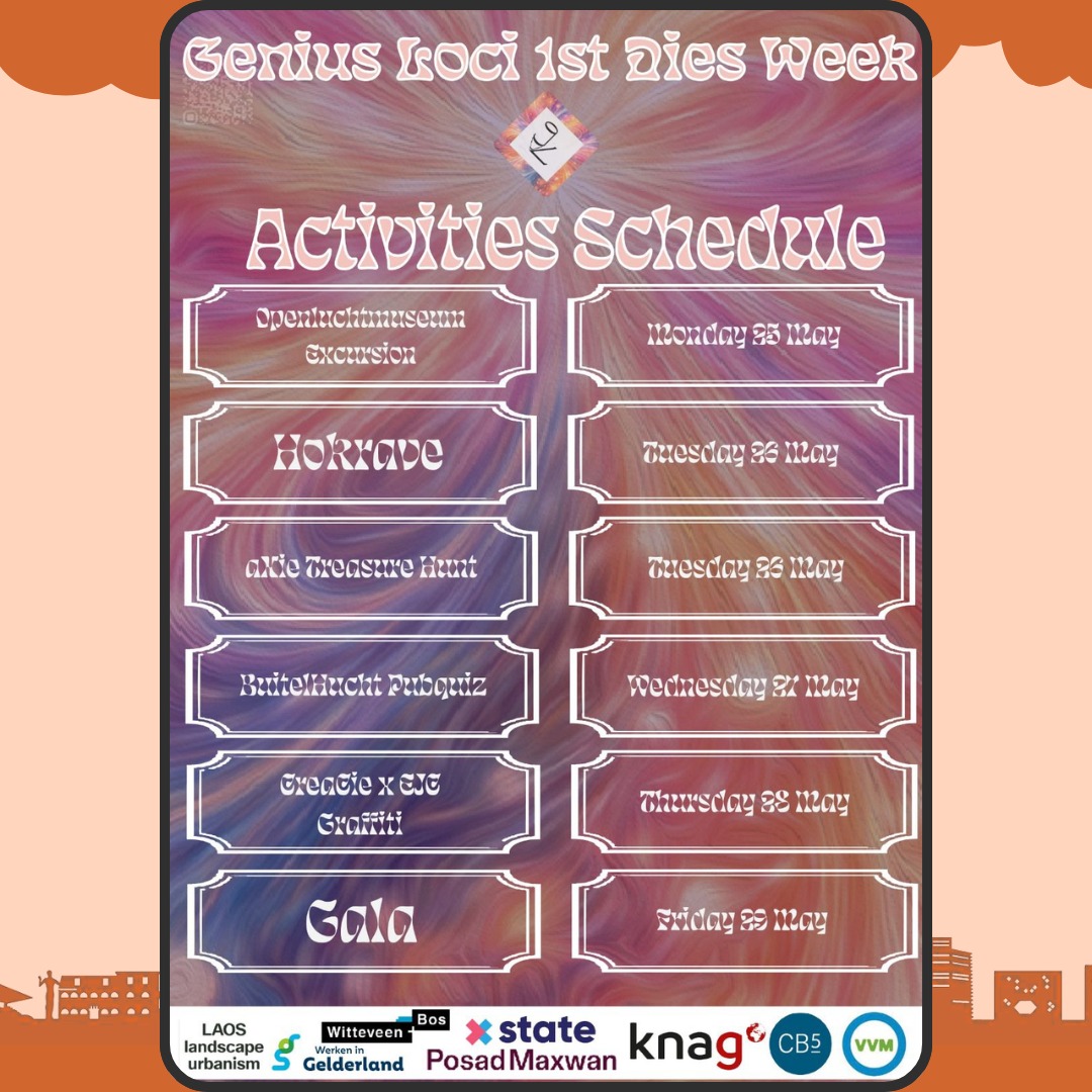 To celebrate Genius Loci's 36th birthday, great activities will be organised during the week of the 25th of May until the 29th of May!
🎉 What activities will take place?
👉 On Whit Monday, the 25th of May, you can go for FREE to the Openluchtmuseum in Arnhem to admire the beautiful Dutch landscapes through the ages! 🌳
👉 Tuesday 26 May is set to be a double celebration! During the break there’ll be a Hokrave and in the evening a Treasure Hunt. But be aware that you don’t have to drink too much (it's fun for both alcoholic and non-alcoholic drinkers)... 🍻
👉 The annual Buitelhucht Pubquiz takes place on Wednesday 27 May, so a great evening is guaranteed! 🤓🧠
👉 After racking your brains on Wednesday, you can let your creative side shine on Thursday 28 May, as the EJC and Creacie are organising a graffiti evening!
👉 And last but certainly not least... on Friday the Genius Loci Gala will take place in Hotel De Wereld! 🍾
To register, click the link in the Bio!