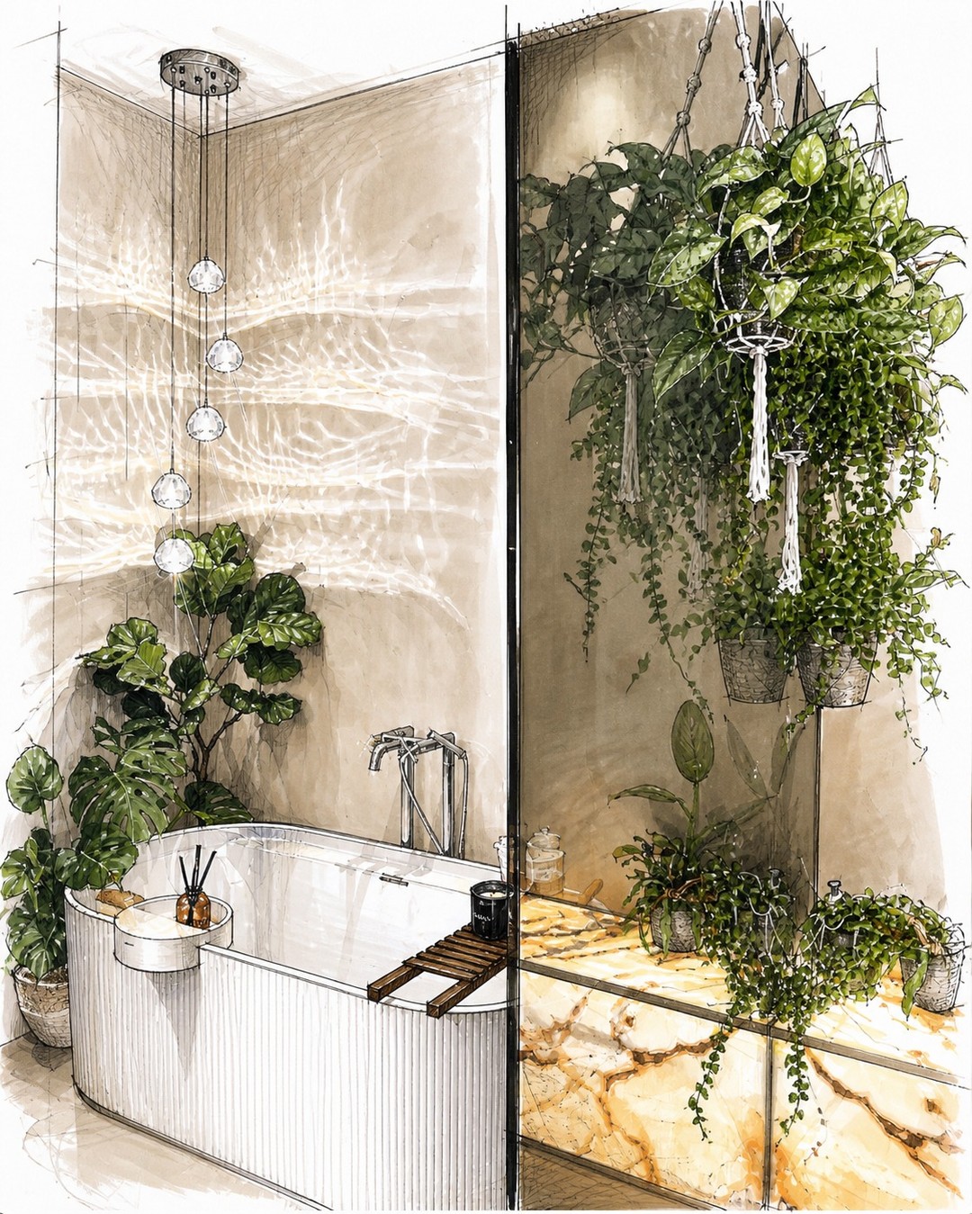 There’s something so calming about creating a bathroom that feels less like a functional space and more like a tranquil retreat. Soft textures, warm lighting, natural stone and cascading greenery come together to create a space that instantly exhales the stress of the day.
Embracing plants within interiors not only softens the space visually, but brings a refreshing sense of calm, wellness and connection to nature. Paired with earthy textures and ambient lighting, this bathroom becomes a place to slow down, reset and simply breathe.
Proof that bathrooms can be both beautifully designed and deeply restorative ✨