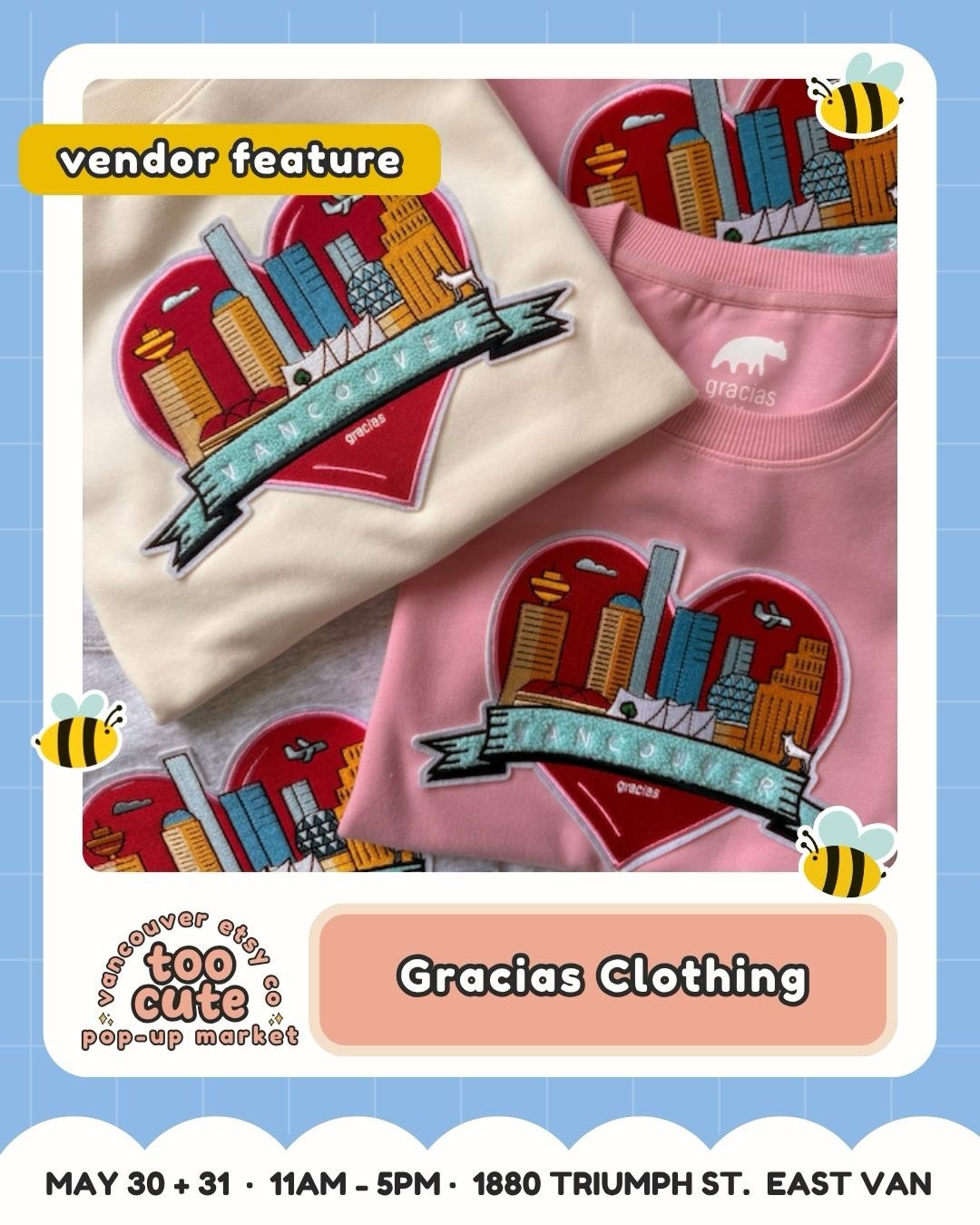A little local-maker joy for your feed 🎀
Meet @gracias.clothing — bringing apparel, headwear, socks, pins + stickers to TOO CUTE.
They’re all about clothing for a good time - Feel the Joy, and their booth is such a sweet stop for anyone who loves discovering local makers.
Come say hi, browse their creations, and make a day of it with us in East Van.
🎟️ Want the ticket link? Comment TICKETS and we’ll send it straight to your DMs.
Tickets are just $3 and good for both days | Kids 12 + under FREE
💰 Buy early = more chances to win market cash + swag!
For every 100 tickets sold, we’ll draw for market cash or swag to spend at the market.
💙 50% of ticket proceeds benefit Backpack Buddies Canada + Quest Non-Profit Grocery Market.
🎭 Come in costume for a bonus ballot! Keep it family-friendly and you’ll be entered to win a prize package.
🗓️ Sat May 30 + Sun May 31 | 11am–5pm
📍 Maritime Labour Centre, 1880 Triumph St, East Van
🐶 Pet-friendly + fully accessible
🎀 Comment TICKETS to grab yours!
#VancouverEtsyCo #TooCuteMarket #VancouverMarket #VancouverMakers #EastVan