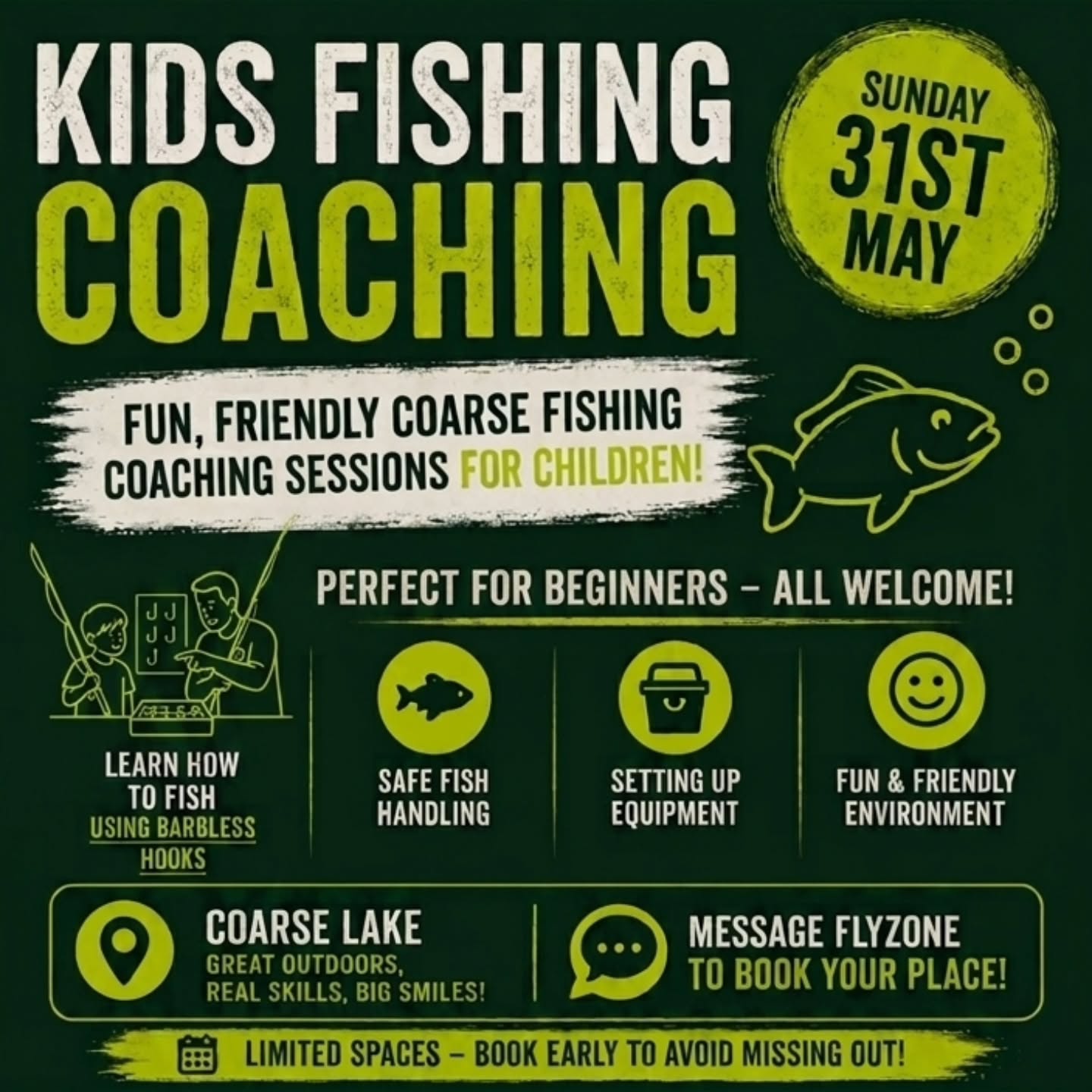🎣 KIDS FISHING ADVENTURE DAY! 🎣
Looking for something different to do with the kids? ☀️
Our Coarse Fishing Coaching Sessions are perfect for children wanting to learn fishing in a fun, safe and relaxed environment! 🐟
Whether they’re picking up a rod for the very first time or wanting to improve their skills, our sessions are designed to help young anglers gain confidence while enjoying the outdoors 🌿
📍 Sessions held on the Coarse Lake, 31st May
👨👩👧 Suitable for beginners
📞 Spaces are limited — booking essential
Contact @flyzone_life to book your place on 07795 432976 or email mark@flyzone.life