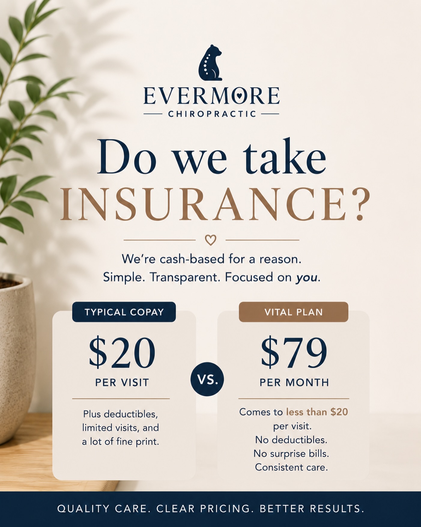 Do we take insurance? 🤍
Not exactly… and here’s why.
We keep things simple, transparent, and focused on you ✨
No surprise bills. No visit limits. No fine print.
Our Vital Plan keeps your care consistent and actually comes out to less than a typical copay 👀
Better care. Better value. Way less headache. 💆♀️
Book your appointment anytime 📲
561-678-4388
#EvermoreChiropractic #BoyntonBeach #ChiropracticCare #WellnessSimplified #SelfCareRoutine FeelBetterMoveBetter