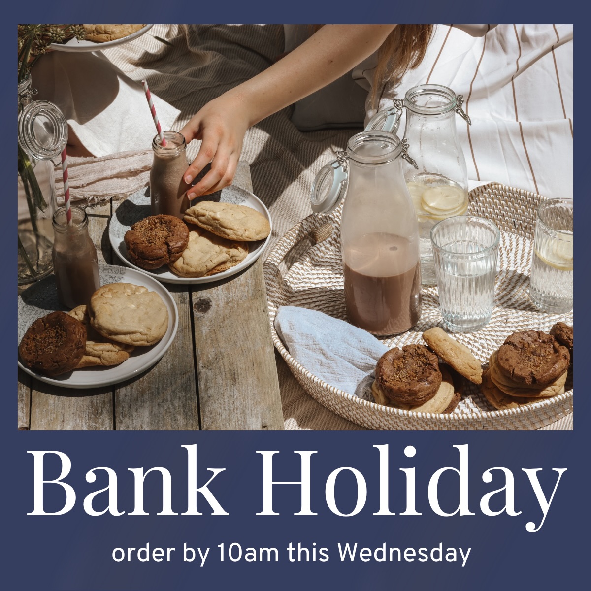 Another bank holiday is sneaking up on us already!
To guarantee delivery in time for the weekend, please make sure your orders are with us by 10am this Wednesday 20th.
As always, thank you for keeping us busy - we’ll be baking flat out over the next few days getting everything ready for your counters, shelves and cookie jars. The sooner you order, the better!