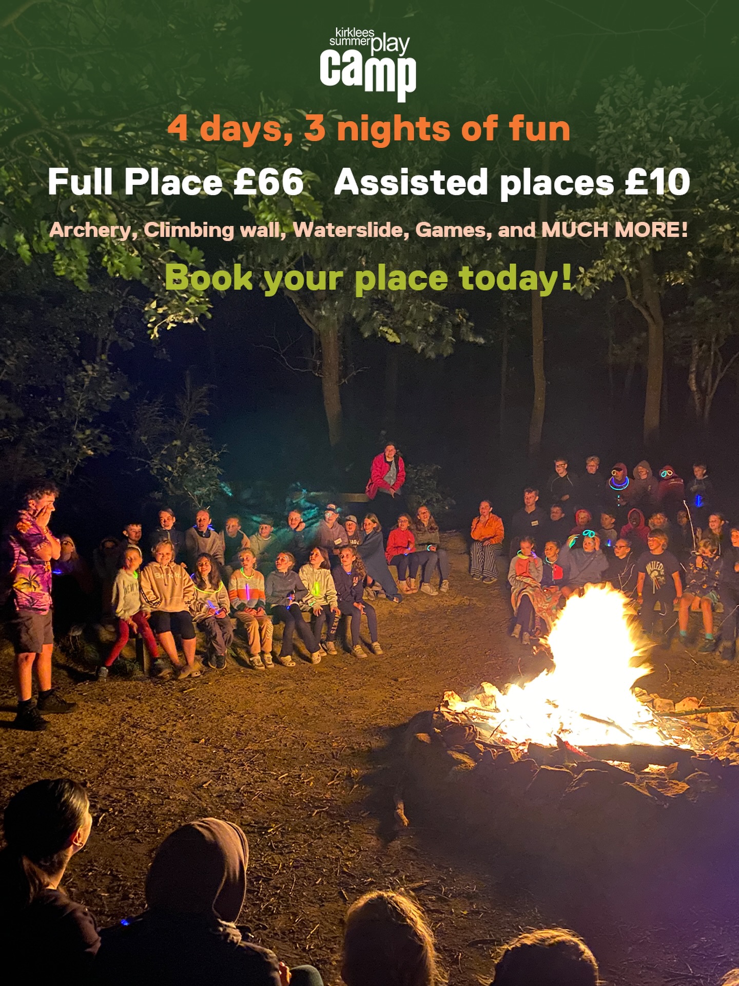 Who’s looking forward to the campfire? 🔥⛺
One of the best parts of Camp is sitting around the fire at the end of the day, singing songs, laughing with friends and winding down after a day full of fun 💛
That’s just one small part of four days and three nights packed with outdoor activities, games and experiences children won’t forget.
📍 Near Woolley Edge, West Yorkshire
🚌 Bus collection from Huddersfield, Dewsbury & Woolley Edge Services
👧 For children in Years 4–7
💷 Full price: £66 | Assisted places: £10
🏕 Six 4-day residential camps across the summer
Bookings are open now and places are filling 👀
👉 kirkleessummerplaycamp.com