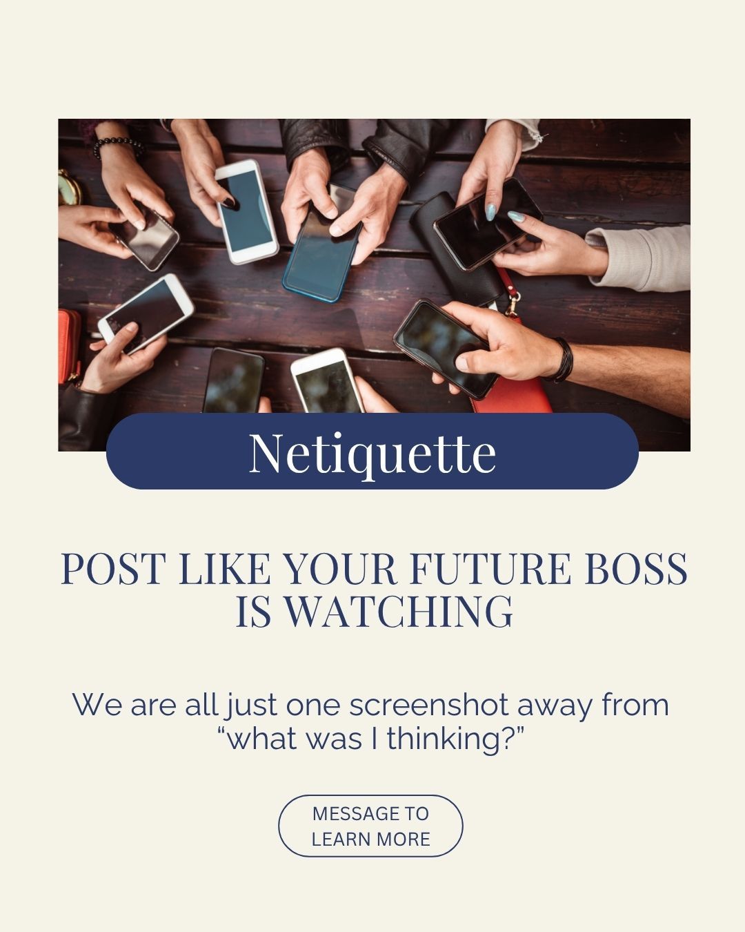 If you are looking for a new gig, donāt leave anything to chance. One of the first things to do is take a look at your social media channels.
Itās time to do a deep dive on your socials and ask yourself what message those beach photos, fraternity party pics, and questionable late-night posts are sending before your potential boss starts scrolling. š
Recruiters donāt just look at rĆ©sumĆ©s anymore.
If you'd like help with your online image or group netiquette training, letās chat!
#ThePoliteCompany #ProfessionalEtiquette #SocialMediaEtiquette