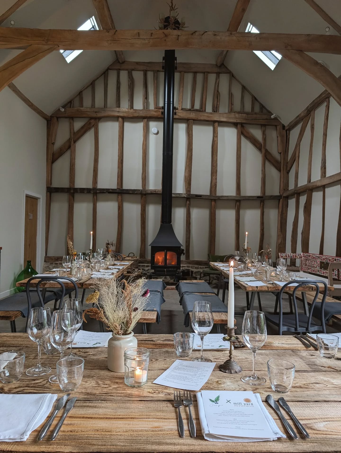 Saturday night's Dinner at @millyard_petworth ...
What a wonderful night.
It may not have been quite what we had planned, but @clinic_51 came to the rescue by allowing us this beautiful barn to dine in as the rain clouds unfortunately did not disappear. A big thank you to @clinic_51 for their kindness.
So, although we didn't get our courtyard dinner under a setting sun, we did have something just as magical. ✨
It was a splendid evening where food was enjoyed and friends were made. 🧡
And of course, thank you so much to the @millyard_petworth team, it was a pleasure to work with you to bring Juniper somewhere new...
#juniperarundel #juniperatnight #junipercooking #eventcateringwestsussex #junipercafearundel @sussexexclusive @discover_sussex @sussexstories @sussexbytheseaarun