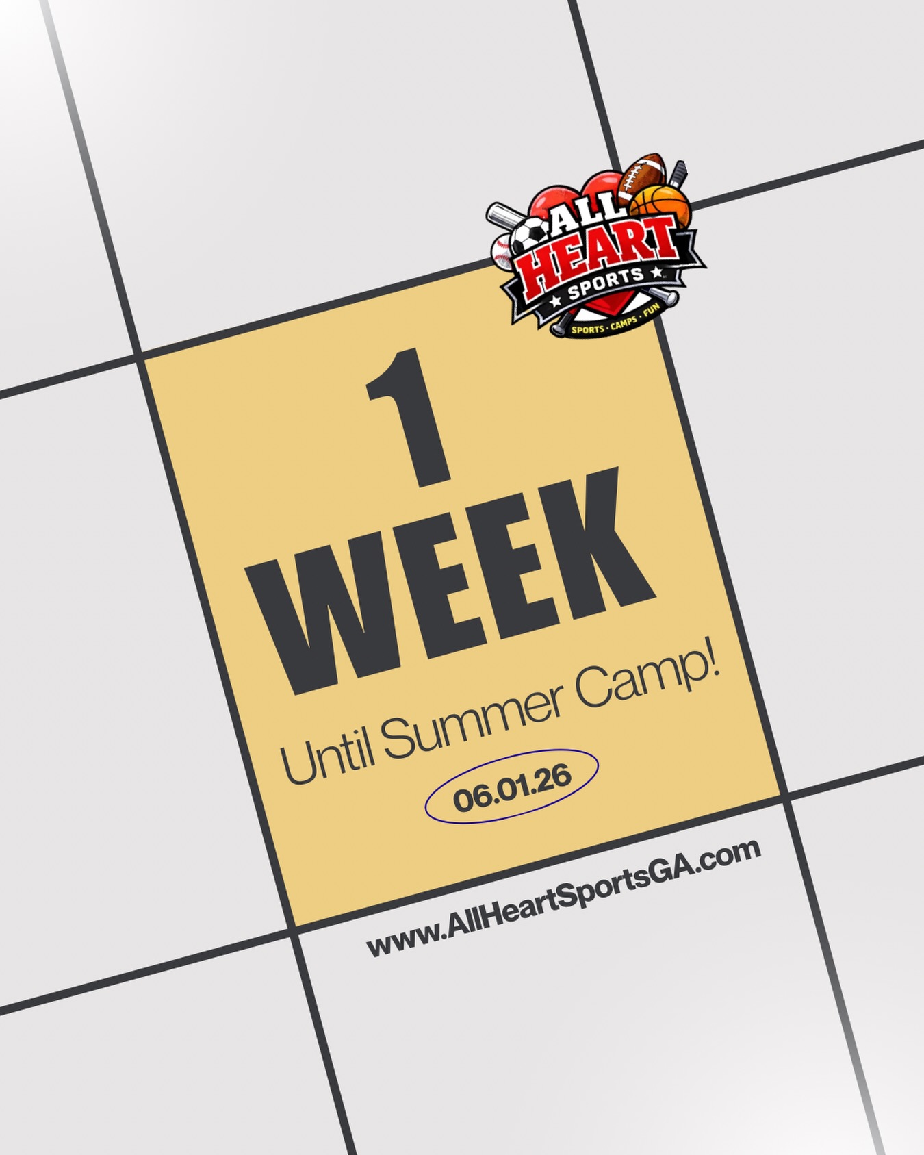 ONE ๐ MORE ๐ WEEK ๐
All Heart Sports Camp starts June 1st and we canโt wait for an unforgettable summer filled with sports, games, water days, friends & FUN โ๏ธ๐โฝ๏ธ๐
Whoโs ready?! โค๏ธ๐
Register now: www.AllHeartSportsGA.com