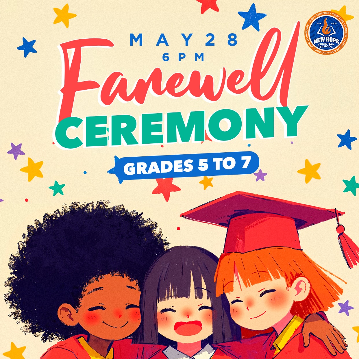 We have two major events coming up!๐๐ผ
Grades 5-7 Farewell Ceremony๐
Middle School Graduation ๐
It is with great pride and a touch of sentiment that we invite you to the 5th-7th Grade Middle School Farewell and 8th Grade Graduation Ceremony (combined event). While this evening brings together our entire Middle School community (Grades 5-8), the spotlight shines brightest on our 8th graders as they prepare to embark on their high school journey.