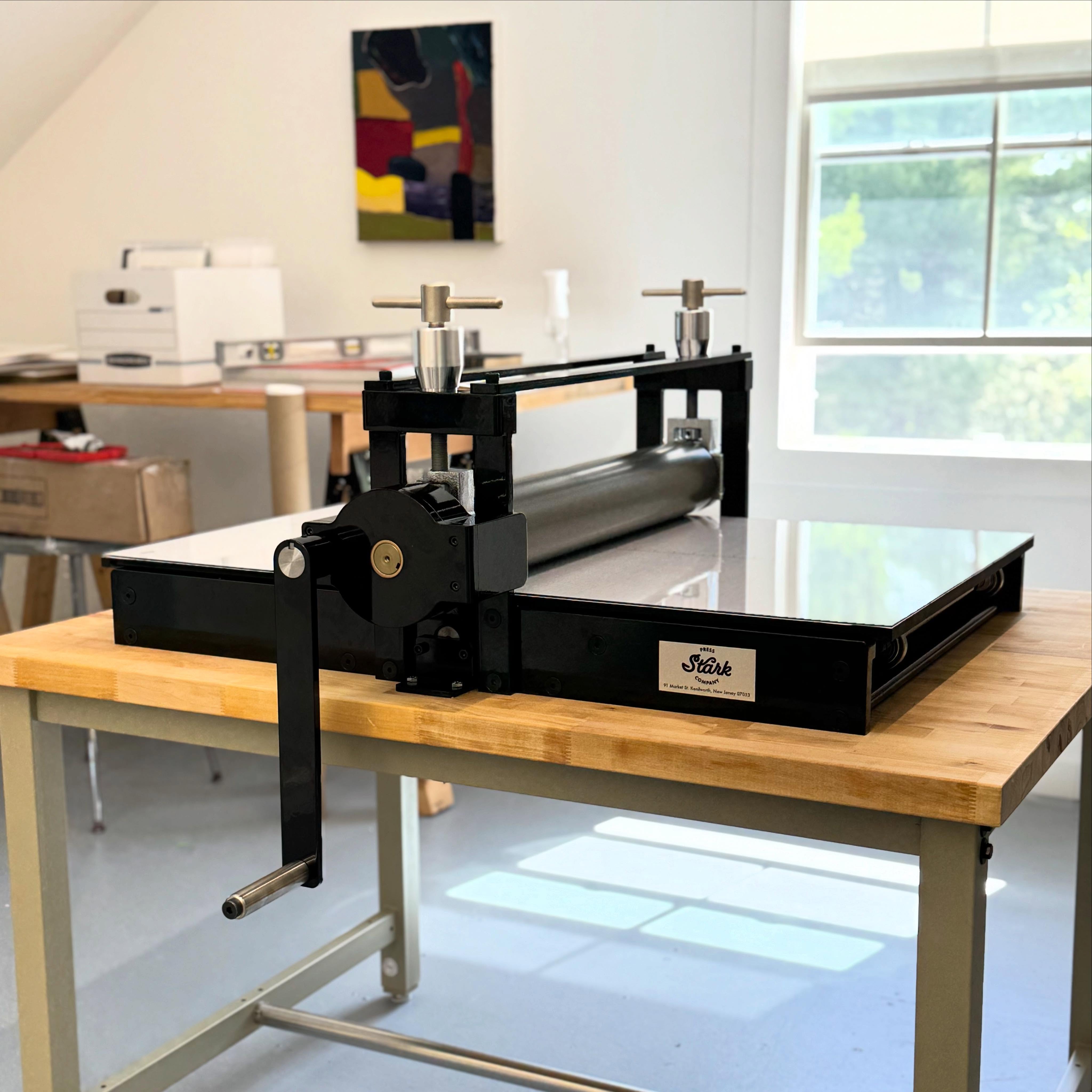 Today we delivered this custom 24×38” SPC Series 1 etching press to its new home after carrying it up many stairs to the beautiful studio of @corinne.robbins where we look forward to seeing all the work she will make with it.
Mike’s camera didn’t catch it in the light, but the rollers are actually gold. They are machined from solid 7000 series aluminum and finished with a Type III hardcoat anodized coating for extra durability and severe weight reduction. #starkpressco #printmakingpress #etchingpress #printmaking #printingpress