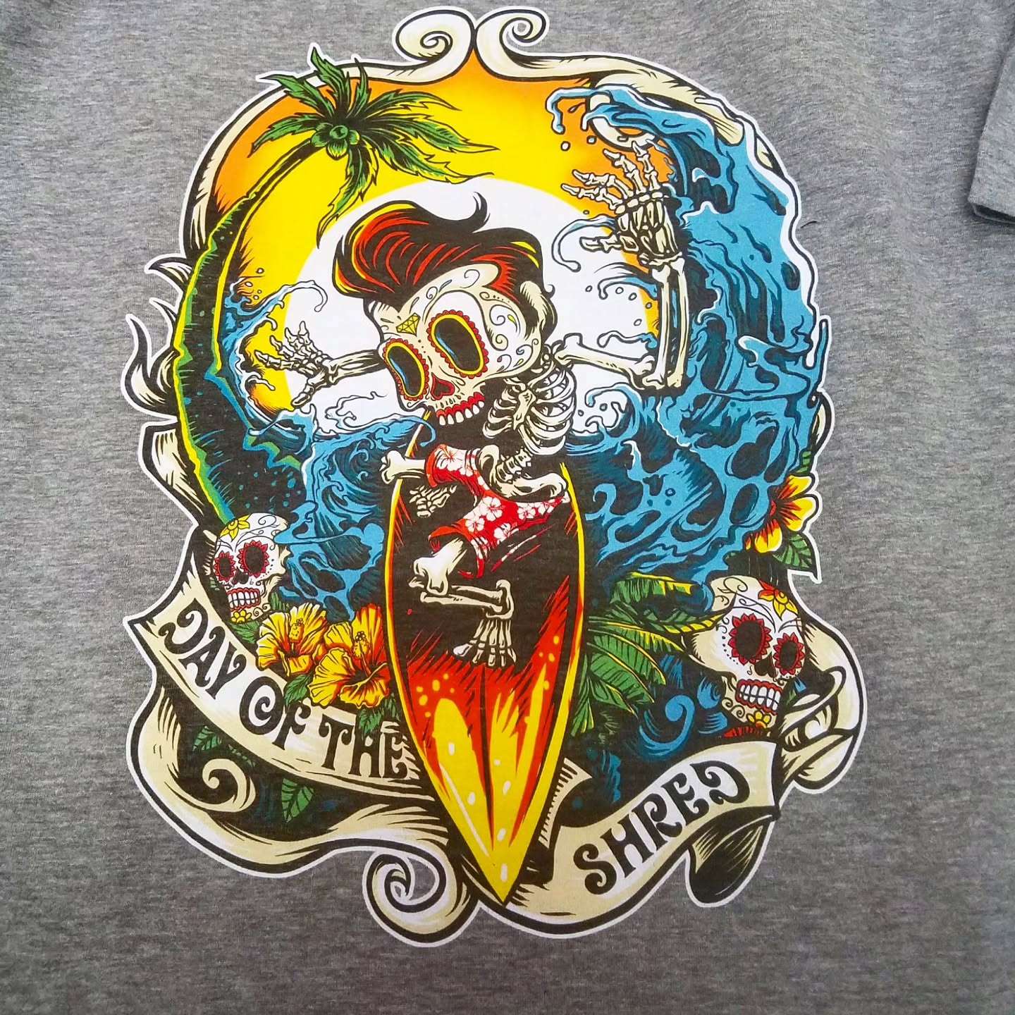 Cool Day of the Shred tshirt design we printed at the shop...need tees for your biz or brand? Then hit us up #RODTEES #customtshirts #tshirtprinting #hotrodtshirts #kustomkulture