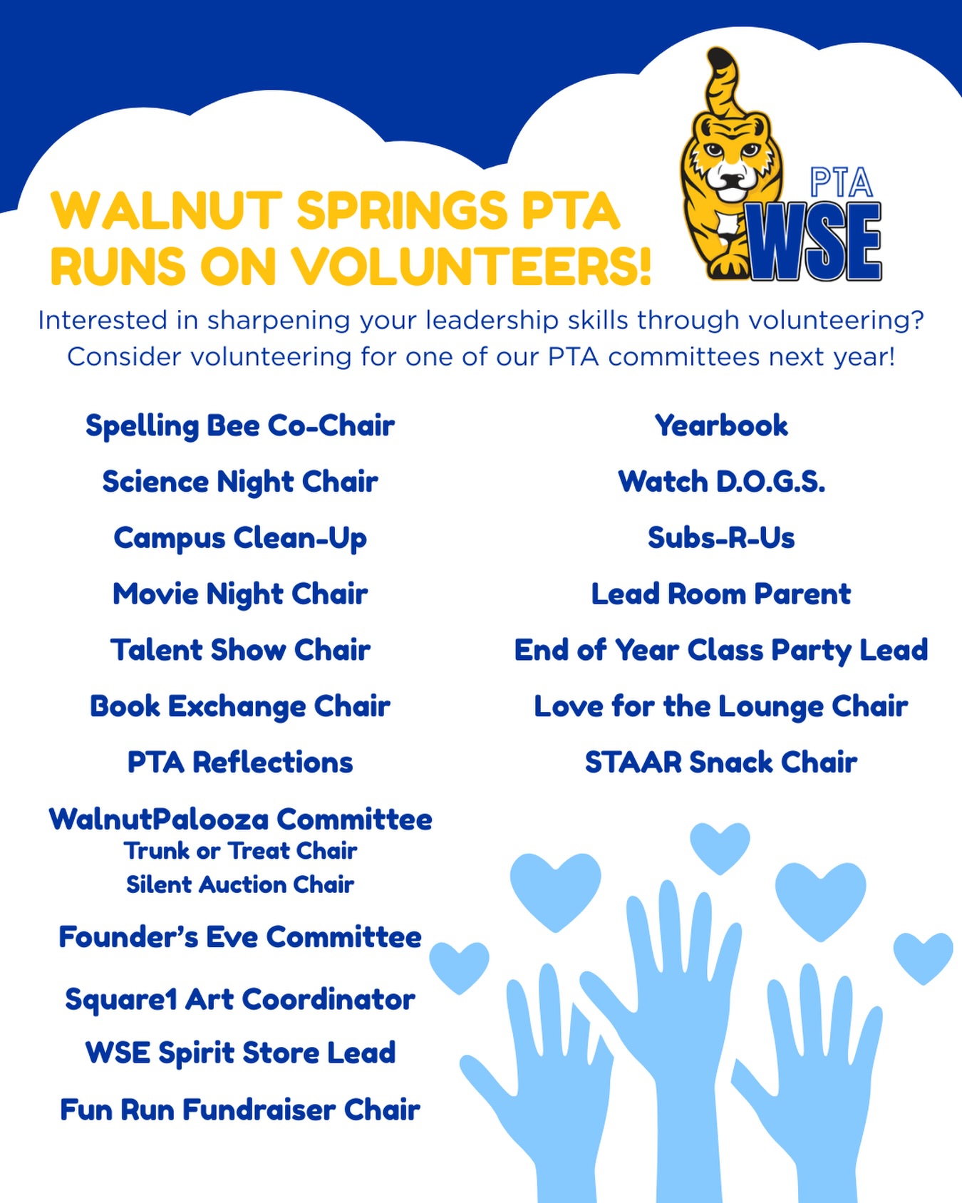 📣 As we begin planning for next school year, we first want to say THANK YOU to the incredible volunteers and chairs who served our PTA this year! Your time, energy, and heart made such a difference for our students, staff, and families! 💙
As we prepare for another amazing year @wsestiger, we’re looking to identify committed volunteers and committee chairs early so we can plan ahead and build strong teams.
✨ If you served this year and would like to serve again, please let us know!
✨ If you’re interested in getting involved for the first time, we’d love to have you join us too!
Every role, big or small, helps make our school community stronger. Sign up today!
🔗Linktr.ee/wsepta
