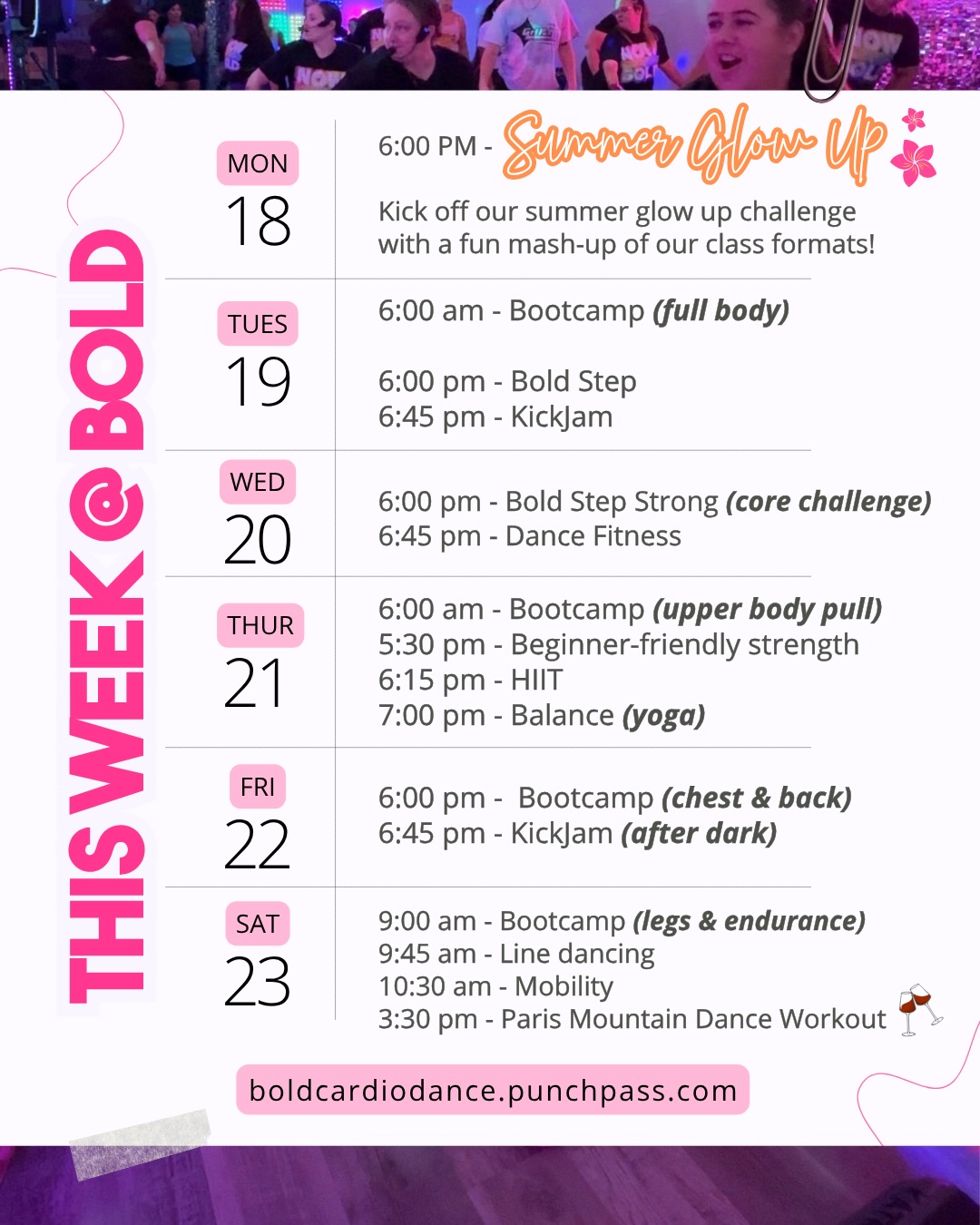 Happy Monday! 🥂 We can’t wait to move with you this week!!
💫 TONIGHT we kick off our Summer Glow Challenge at 6:00 PM with a fun mashup of a few of our formats
💫 Saturday at 3:30 PM we’ll meet at @parismountainvineyards for some dancing & sipping 😉
See you on the dance floor!
#dancefitness #cardiodance #funworkouts #workoutsforwomen #hiramga