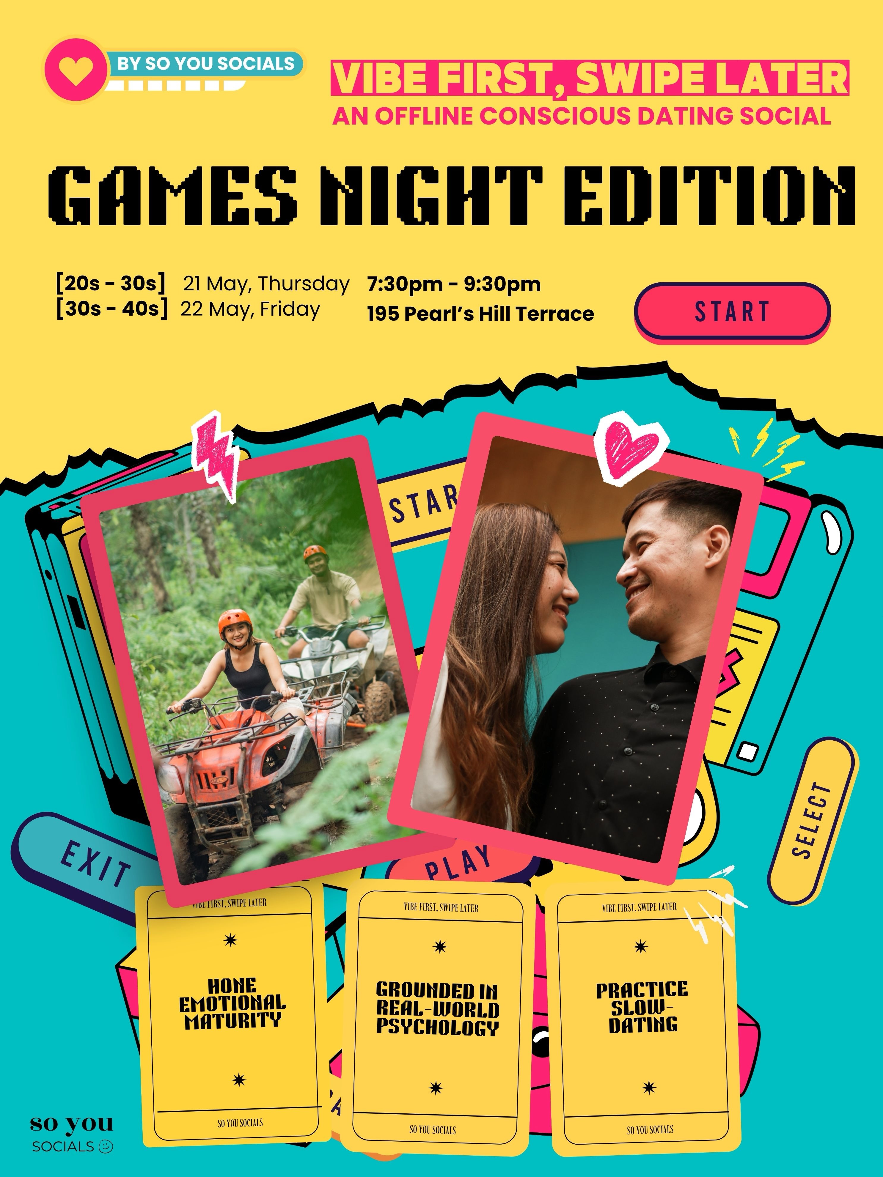 3 females remaining! Be quick to sign up via link in bio :)
Happening this Thursday, 21 May, 730pm
Age group: 20s-30s
🎟️ $18
An Offline Conscious Dating Social -
❤️ Vibe First, Swipe Later: Games Night Edition
Back for its 19th running!
A social-anxiety-friendly intentional dating social for singles who want connection to feel more natural.
To join, kindly RSVP.
Males: SOLD OUT
❤️ Vibe First, Swipe Later is an intentional social that encourages conscious dating and slow connection through fun activities, guided conversations, and thoughtfully curated group games.
This is not speed dating.
This is not matchmaking.
This is not another awkward singles mixer where you’re left standing around wondering what to say.
Games Night!
This Games Night Edition is designed for males and females, built around group games, conversation prompts, and relaxed real-life interaction.
Expect laughters and little moments that make meeting new people feel easier and more natural.
What to Expect
- A conscious dating social with a playful Games Night twist.
- Guided group activities
- Lighthearted games designed to spark interaction
- Meaningful but not overly intense conversations
- Opportunities to observe natural chemistry
- Note-passing for someone you vibed with
- A relaxed, cozy setting in Singapore’s old-school art enclave
- A social-anxiety-friendly structure so you’re not left to “just mingle” awkwardly
#singapore #mentalhealth #mentalhealthawareness #eventssg