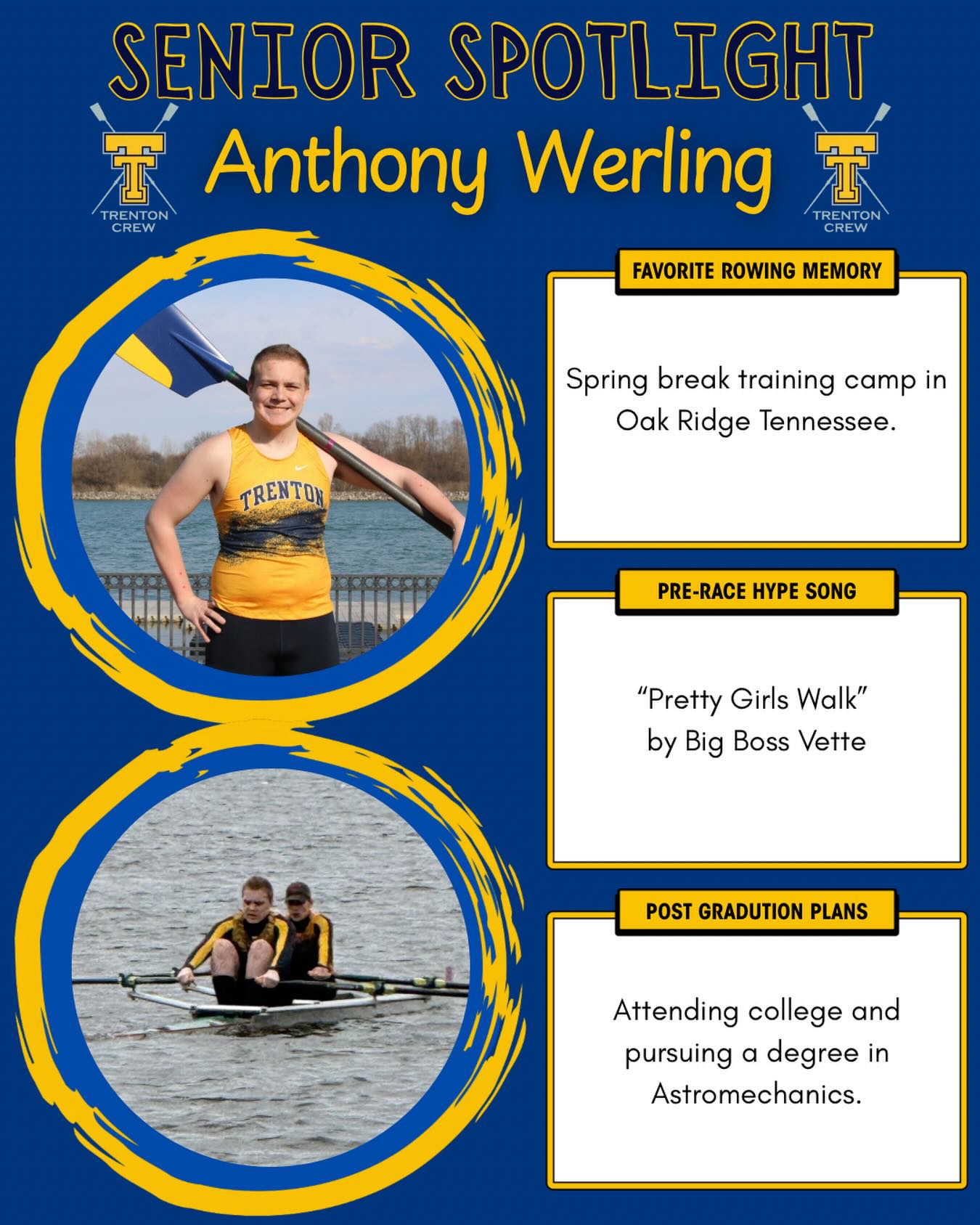 Senior Spotlight! ✨🚣♂️ Anthony Werling is a four year senior who has been a hard working athlete during his time with the team. His passion for being out on the water with his teammates and making boats move is inspiring. We are proud to have been part of his rowing journey!