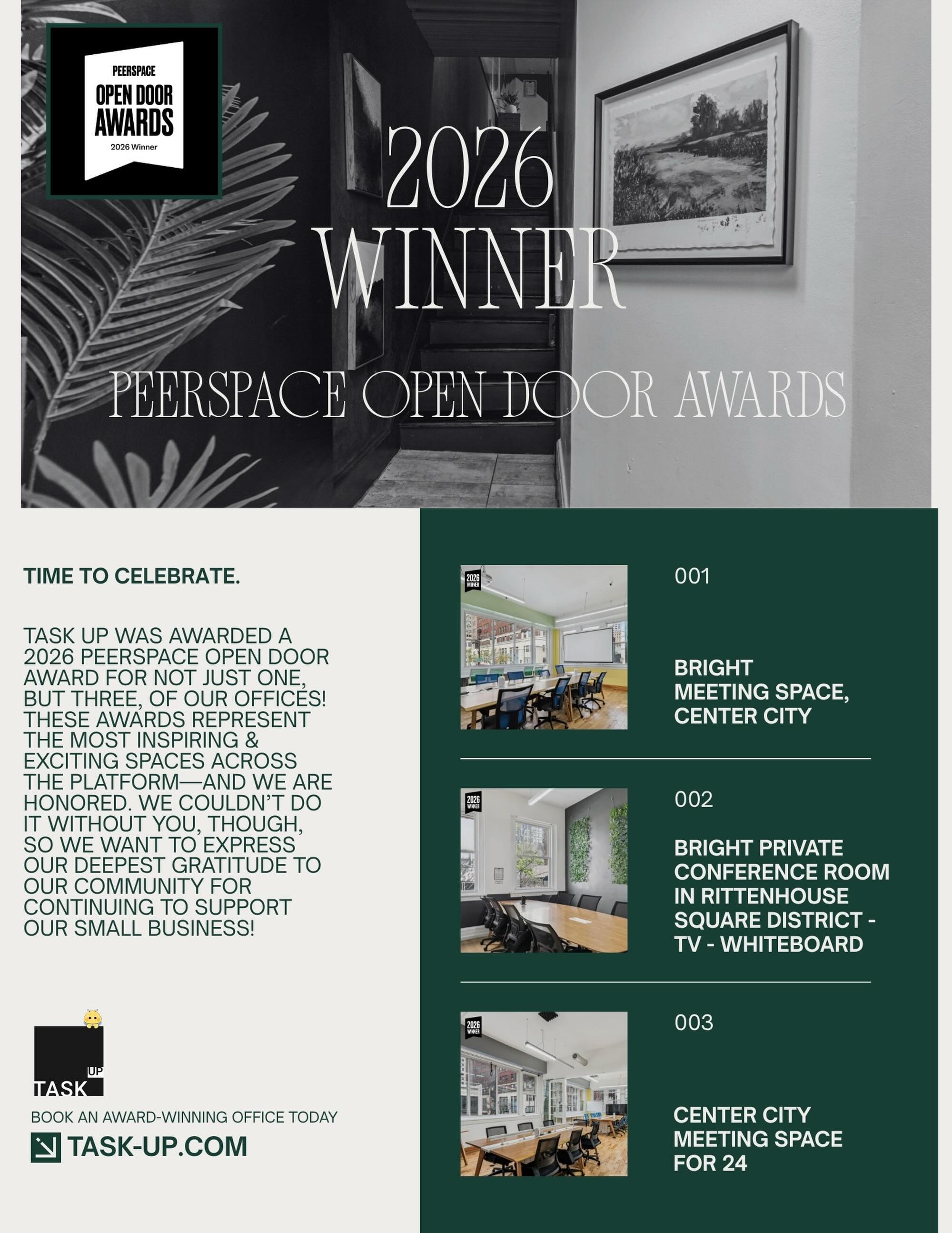 Woohoo! We 🤍 the Task Up Community 🙌 Thank you to @peerspace & congrats to all the other winners!
Book an award winning office today on task-up.com! 🏆🥳 #officelife #creativespace #philly #eventspace #madeinpeerspace