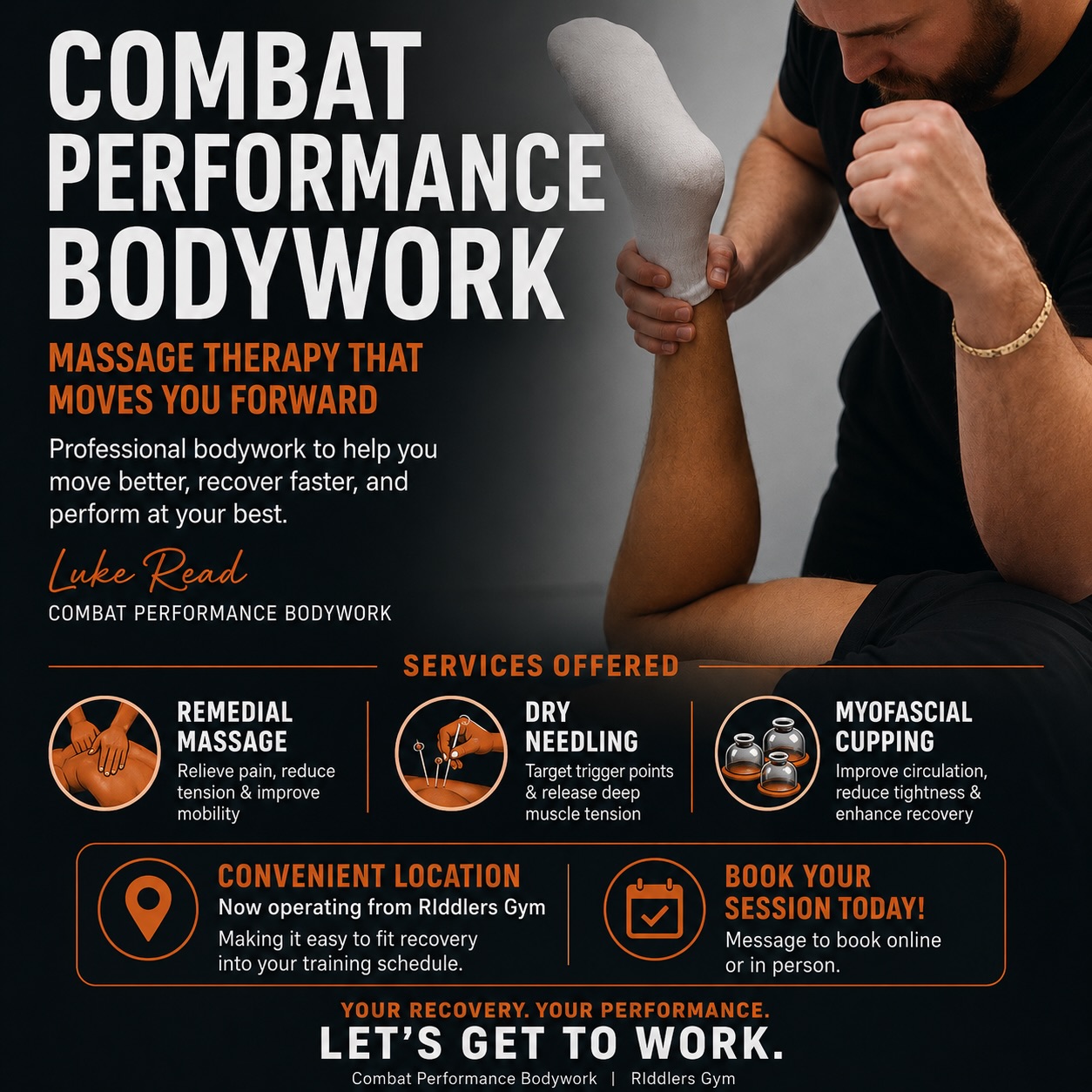 Recovery. Performance. Results. 🔥
Combat Performance Bodywork is back and now operating from Riddlers Gym.
Luke Read is here to help you move better, recover faster and perform at your best with:
✔️ Remedial Massage
✔️ Dry Needling