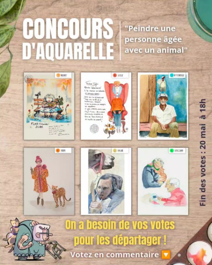 Pour fêter les débuts d'Huguette & Croquette dans le journal de Spirou. J'ai organisé un petit concours avec mes élèves d'aquarelle. 🎨🖌️
Peindre une personne âgée avec un animal. 👵🏽🦩
Maintenant il faut choisir qui a gagné, et c'est là que vous intervenez...
Mettez le numéro de l'aquarelle que vous préférez en commentaire ! 😍
Elles ont fait un sacré travail, merci à celles et ceux qui joueront le jeu de faire vivre ce concours ! ☺️
(Et n'hésitez pas à leur dire ce qui vous a plu)
J'arrête les votes ce mercredi (20 mai 2026)
