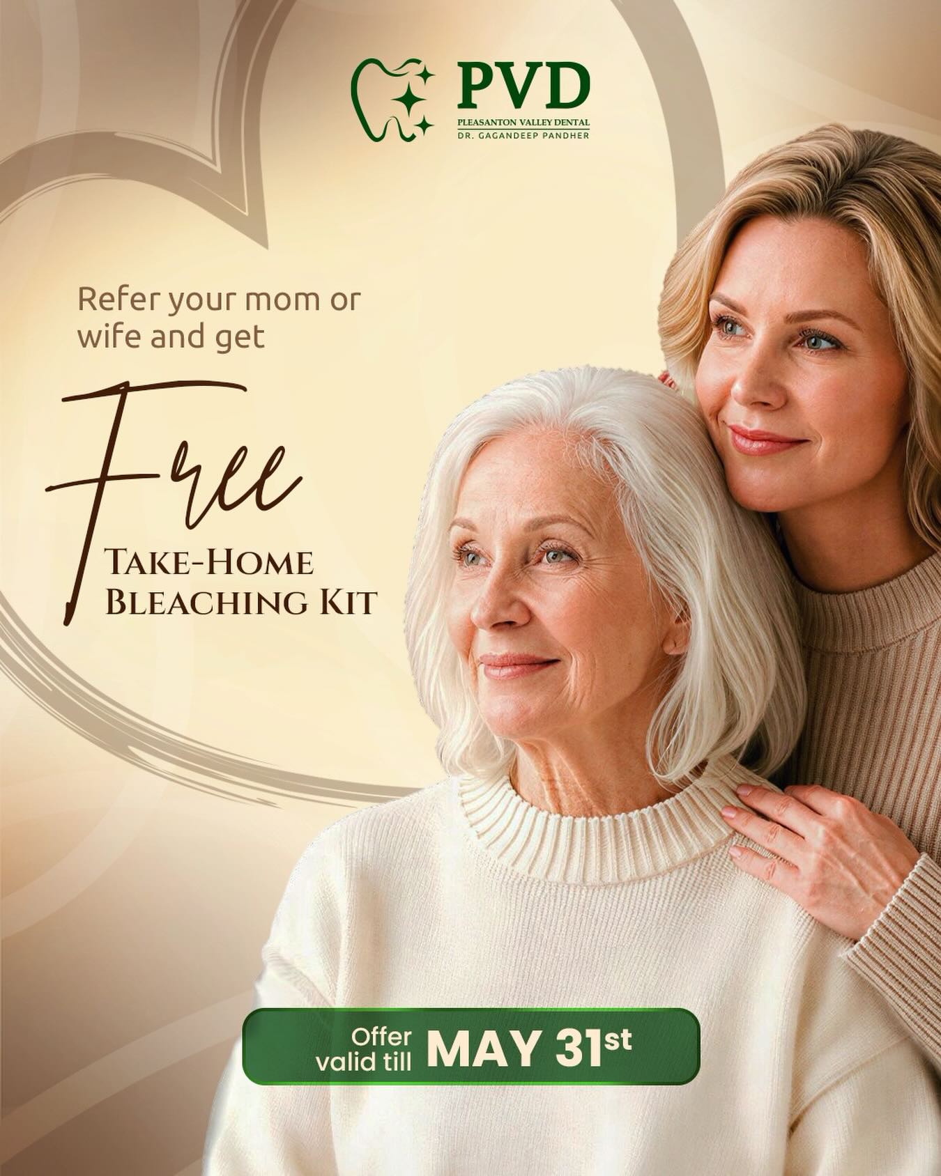 Treat your loved ones to better smiles & Get a FREE take-home bleaching kit!
Book now
Call: (925) 600-0065
Address: 7041 Koll Center Pkwy #110, Pleasanton, CA 94566, United States
#pleasantonvalleydental #pvd #goldiepandher #dentalclinic