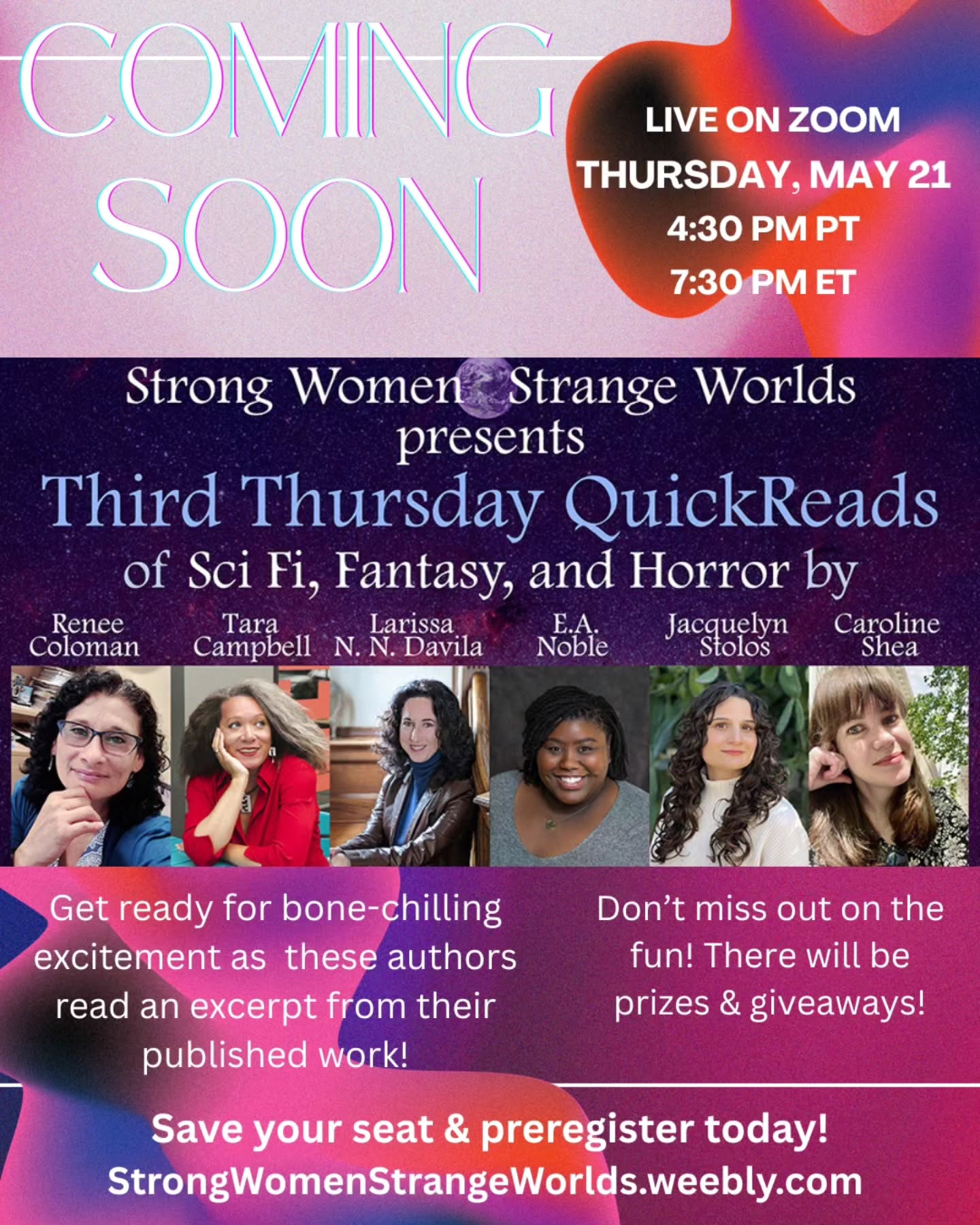 🗓 Closer & closer to the big day!
💖 I'm delighted to read an excerpt from my award-winning book, Born of Dirt & Dust, a compilation of speculative flash and short fiction, along with 5 incredible authors 🌟😊🌟
Join us on Zoom this Thursday, May 21st, at 430 pm PT / 730 pm ET.
👉 Register for this free event at StrongWomenStrangeWorlds.weebly.com
#SWSWQR
#authorpanels
#authorreading
#booksaremagic
#readingtime