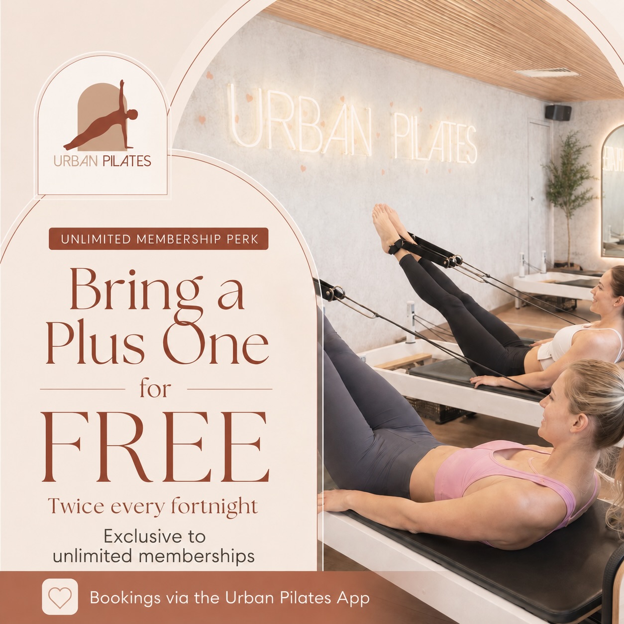 Bring a Plus One for FREE 🤍
Unlimited members can bring a friend to Urban Pilates twice every fortnight as part of their membership perks!
Whether it’s your partner, bestie, sister, mum or someone who has been wanting to try a class, this is your sign to bring them along.
Book them in as a guest via the Urban Pilates App.
Exclusive to unlimited memberships.
T&Cs apply.
#pilates #reformerpilates #northsydney