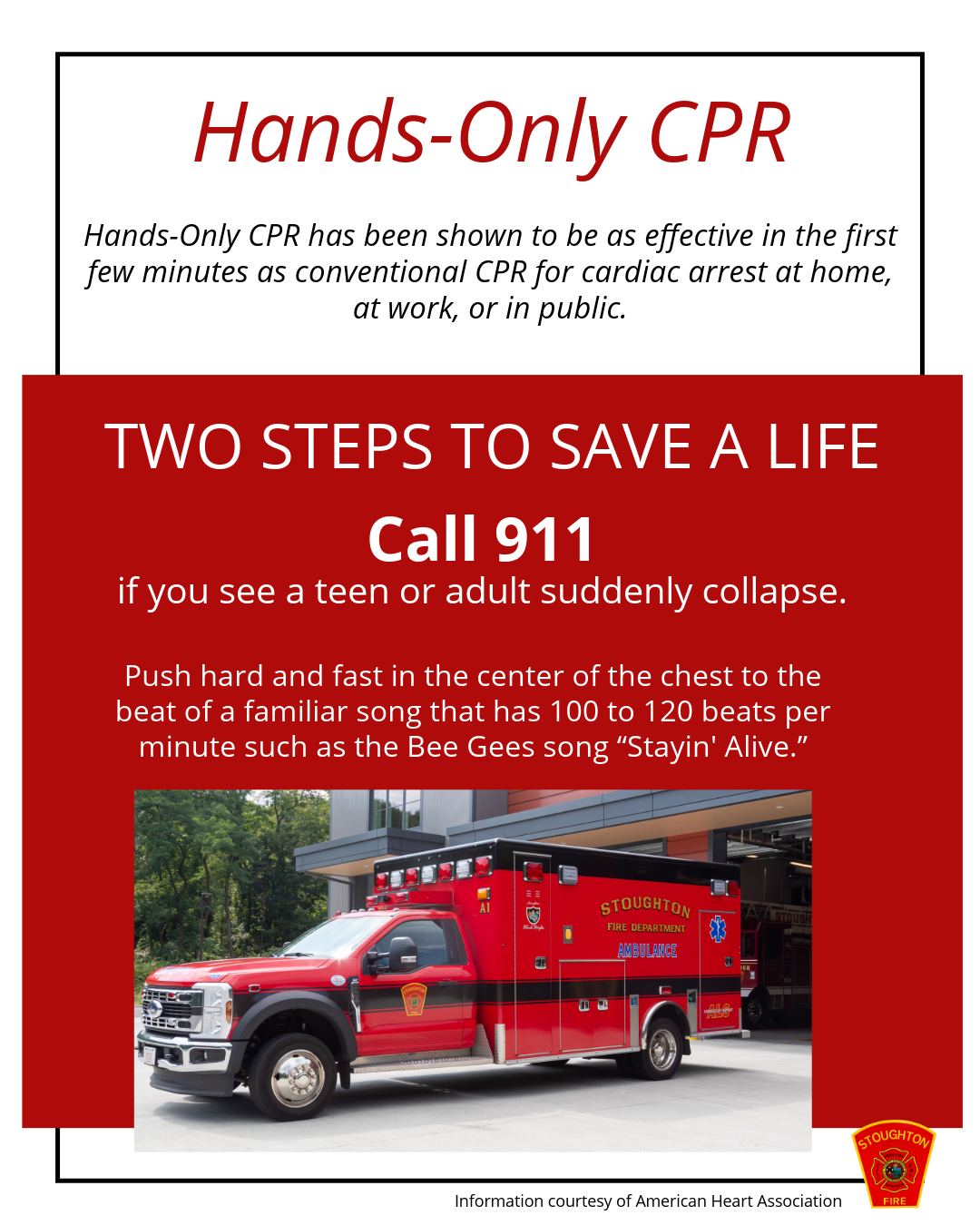 Follow these two steps if you see someone go into cardiac arrest. Also, consider getting CPR certified. A list of CPR classes can be found on the American Heart Association website (Heart.org)
#SFD #CPR #handsonlyCPR #CPRcertified