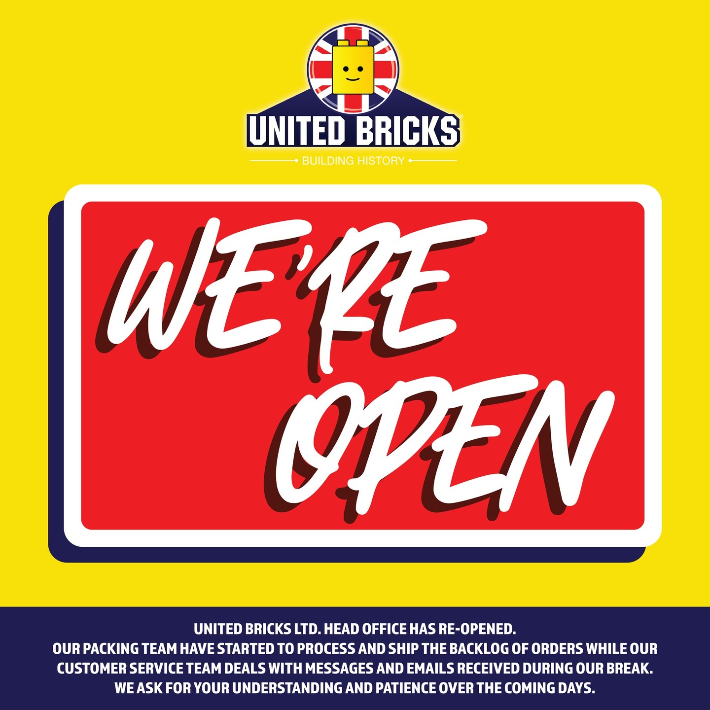 🎉 United Bricks Ltd. Head Office has re-opened!
Our Packing Team have started to process and ship the backlog of orders while our Customer Service Team deals with messages and emails received during our break.
We ask for your patience and understanding over the coming days.
-
#unitedbricks #lego #minifigures #afol #brickarms #customlego #militaryminifigs #may #brickcommunity