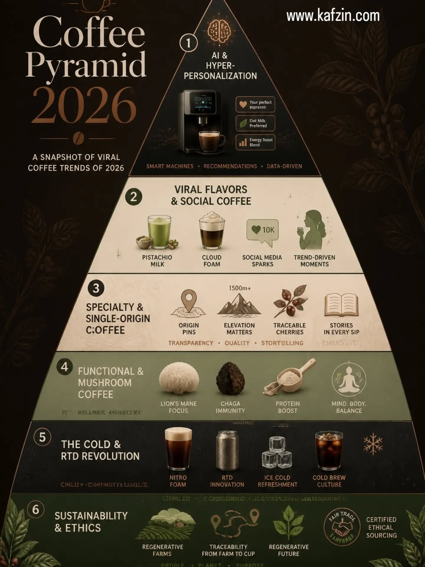 From sustainability at the base to AI at the apex, this is what’s shaping the future of coffee right now.
The biggest trends?
Cold coffee and RTD are exploding. Functional coffee is going mainstream. Specialty and single-origin are still premium power. Viral flavors are winning attention. And AI-driven personalization is taking the whole experience to the next level.
Coffee is no longer just a drink — it’s a culture, a wellness ritual, and a tech-enabled experience.
What trend do you think will dominate 2026?
#CoffeePyramid2026 #CoffeeTrends #SpecialtyCoffee #ColdBrew #RTDCoffee MushroomCoffee FunctionalCoffee SingleOriginCoffee CoffeeCulture CafeTrends CoffeeLovers TikTokTrends AIcoffee SustainableCoffee CoffeeBusiness ThirdWaveCoffee CoffeeMarketing CaffeineCulture FutureOfCoffee DrinkTrends
