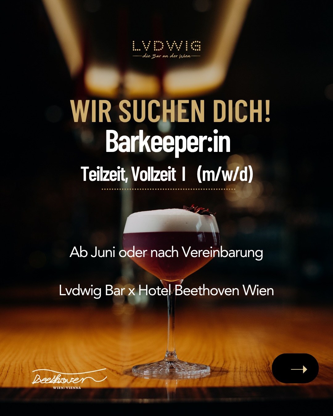 Bewerbung als Barkeeper:in 🍸🖤✨
Zwischen hochwertigen Cocktails, guter Musik & besonderen Begegnungen entsteht die Lvdwig Experience — und vielleicht bald gemeinsam mit dir.
Die Lvdwig Bar im Hotel Beethoven Wien @hotelbeethovenwien sucht ab Juni eine:n Barkeeper:in mit Persönlichkeit, Hands-on Mentalität und Liebe zur Gastfreundschaft.
Bei uns geht’s nicht nur ums Mixen von Drinks — sondern darum, Atmosphäre zu schaffen, Gäste aus aller Welt willkommen zu heißen und gemeinsam ein Erlebnis mit Charakter zu kreieren.
Was dich erwartet:
• elegante Bar mitten in Wien
• abwechslungsreiche Events & Specials
• ein herzliches Team mit kurzen Wegen
• Raum für eigene Ideen
• hochwertige Produkte & kreative Drinks
• echtes Miteinander statt steifer Hotelalltag
Du liebst gute Cocktails, besondere Abende und arbeitest gerne mit Menschen?
Dann freuen wir uns darauf, dich kennenzulernen.
📩 Bewerbung an:
Carla Wittemann
+43 1 587 4482 525
bewerbung@hotelbeethoven.at
#bartenderjob #wienjobs #viennajobs