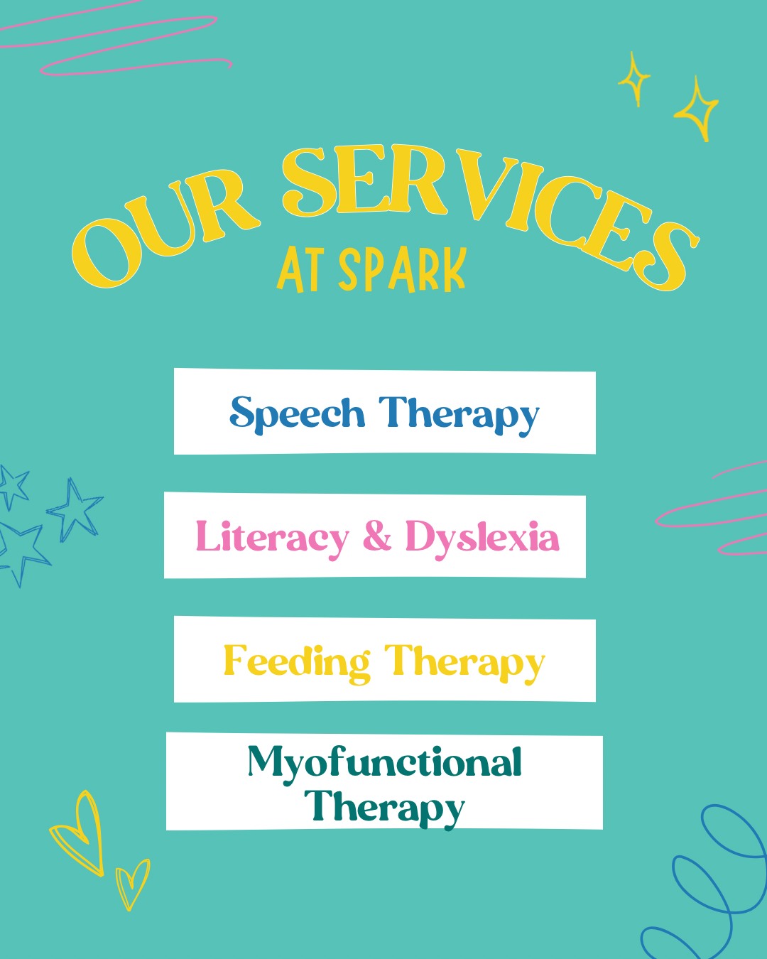 At Spark, our services are designed to support the whole child… not just one piece of the puzzle 💛
From speech therapy to literacy and dyslexia support, feeding therapy, and myofunctional therapy, every session is personalized and built around your child’s unique needs. We meet kids where they are and help them grow with confidence! 💪🏻
Which area are you most curious about for your child? 👇