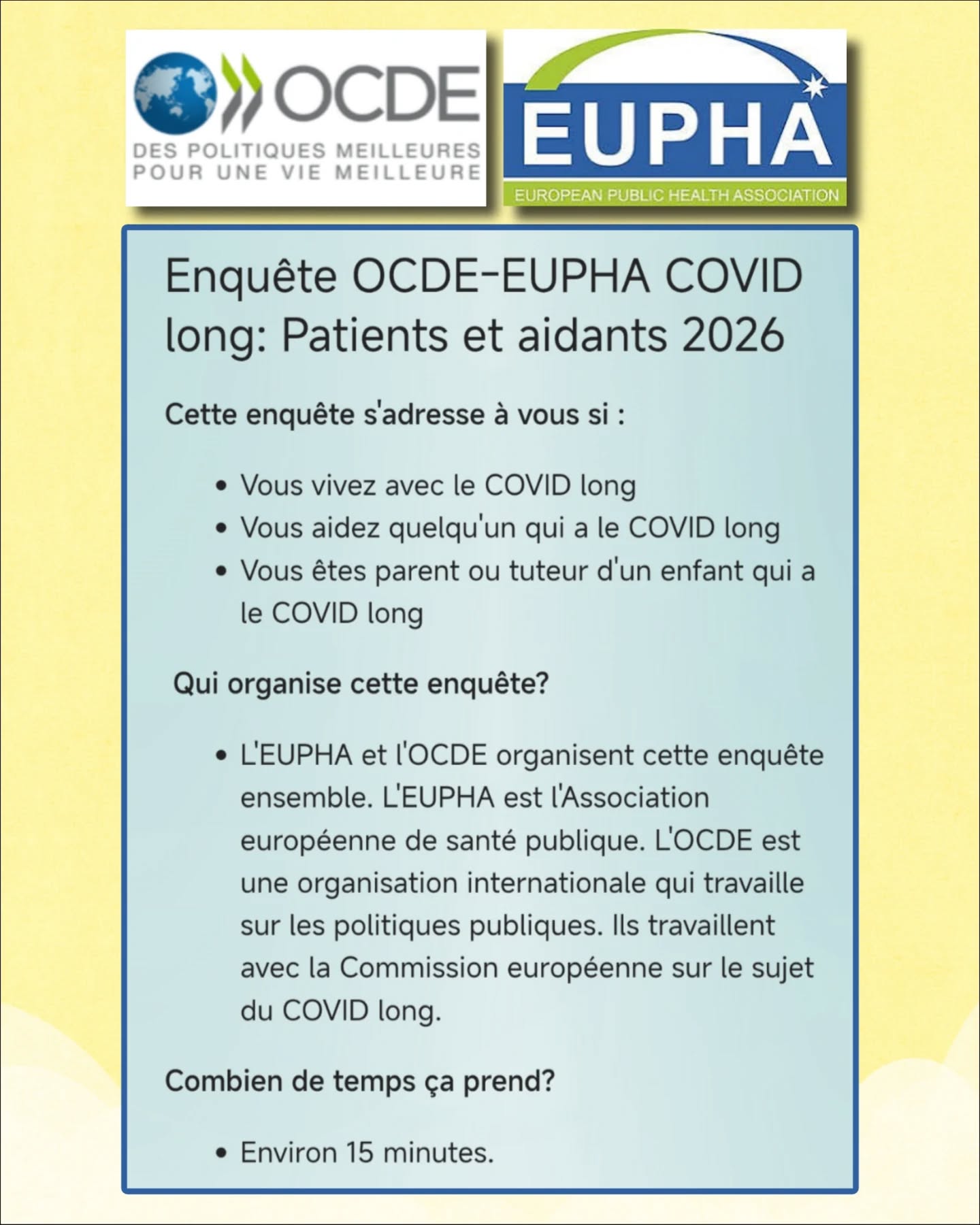 đš Participez Ă une enquĂȘte europĂ©enne sur le Covid long !
Nous avons contribuĂ©, en tant quâassociation ApresJ20 Ă ce questionnaire portĂ© par lâEUPHA et lâOCDE afin de mieux comprendre les enjeux et besoins des patients vivants avec un CL.
đïž Deadline : 10 juin
đLes rĂ©sultats seront prĂ©sentĂ©s lors de la confĂ©rence de lâOCDE en juin.
Votre participation est prĂ©cieuse đ
https://forms.cloud.microsoft/pages/responsepage.aspx?id=GvPi3TMHTk6EYBQhfTHe1QeVTXeEo0VOrTh2vogQfnRURE1WWFdIWlpRV1ZGOVZPQ1E1TVIxUUZZRy4u&route=shorturl
Merci de partager largement autour de vous đ
#SantéPublique #EUPHA #OCDE #HealthPolicy #PublicHealth