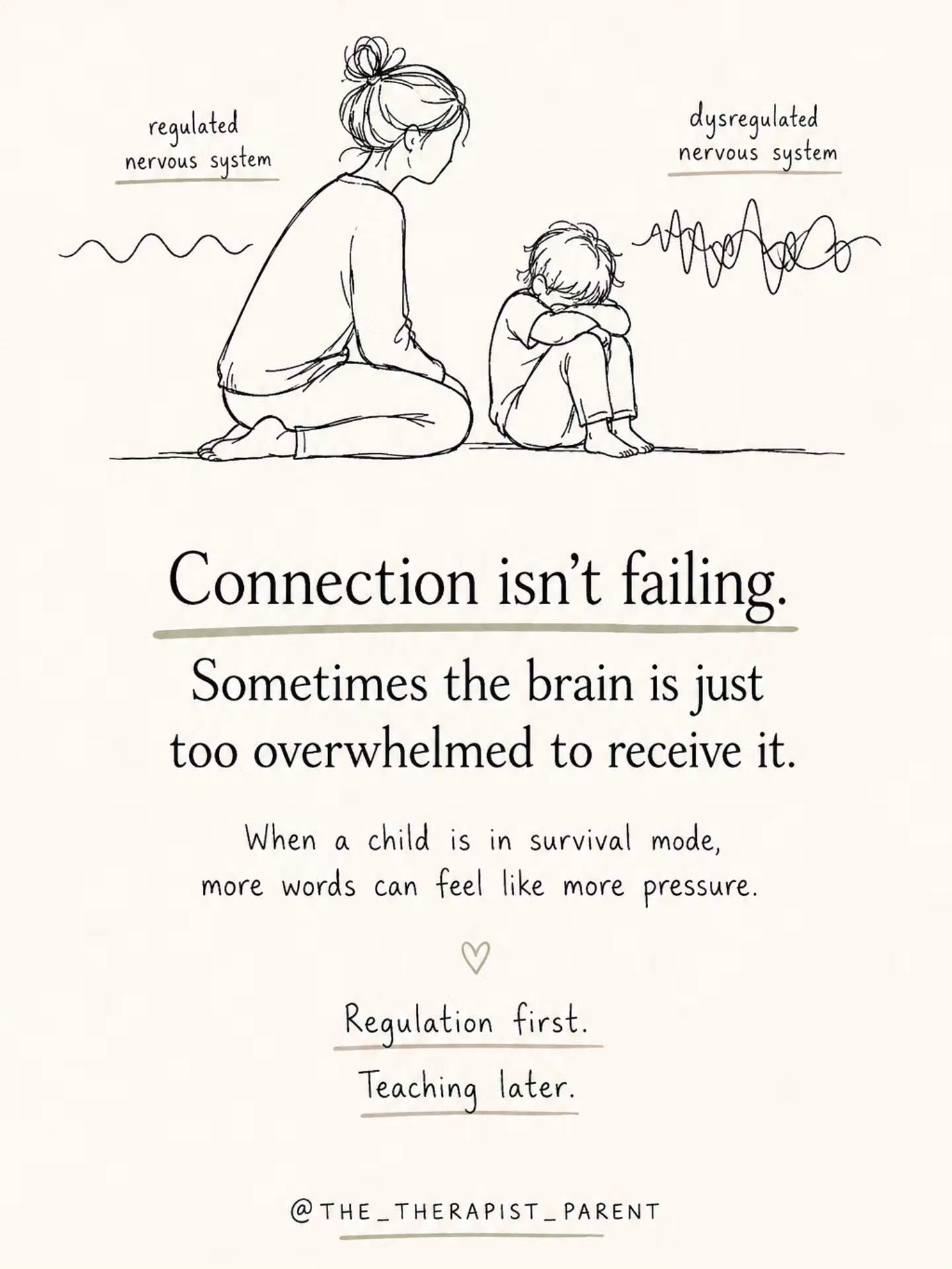 Parents are often told to “connect before correcting.”
But timing matters.
When a child’s nervous system has moved into overwhelm, even the most validating words can feel like extra input their brain cannot process.
This is why connection can sometimes seem like it “isn’t working.”
In those moments, less language is often more effective.
What helps instead:
• reducing verbal input
• regulating your own nervous system first
• offering calm presence
• waiting until their brain is available for learning
Connection is not about saying the perfect thing.
It is about matching what their nervous system can receive in that moment.
More in Guidance from The Therapist Parent available via thetherapistparent.com