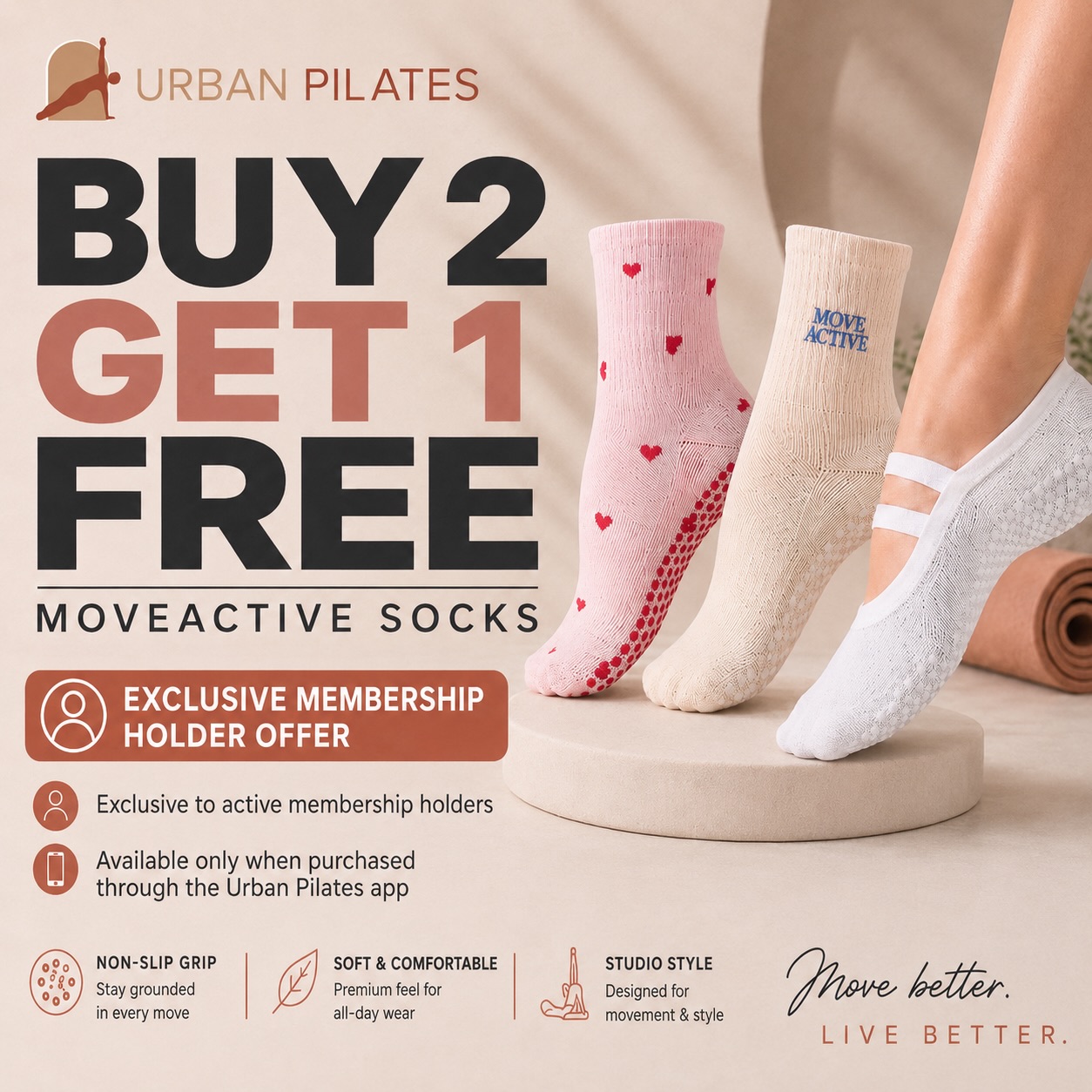 ✨ Exclusive Membership Offer ✨
Urban Pilates membership holders can enjoy Buy 2, Get 1 Free on MoveActive socks when purchased through the Urban Pilates app!
Grip, comfort and studio style — the perfect essentials for every class.
Available for active membership holders only.
#moveactive #gripsocks #pilates #reformerpi̇lates #northsydney
