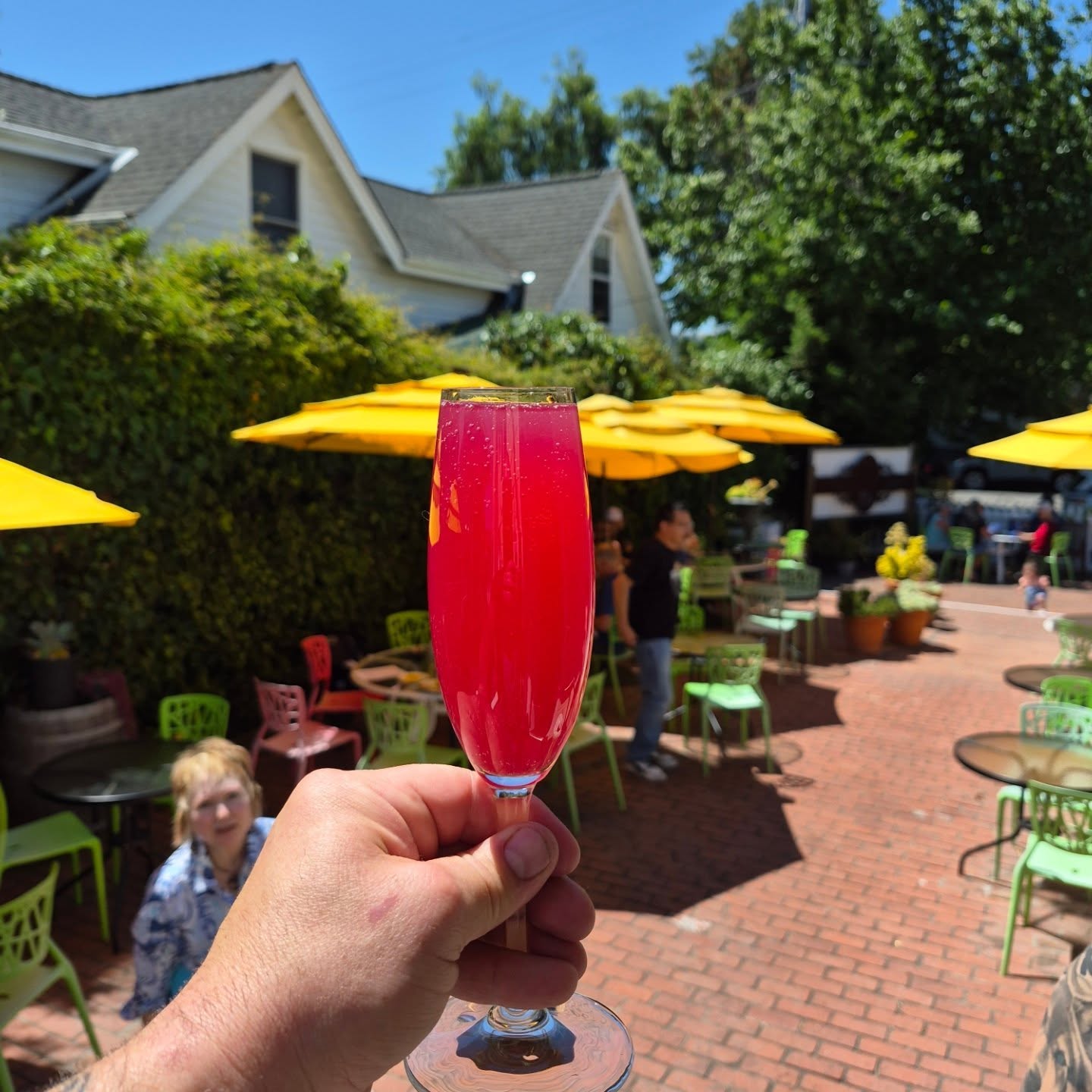 Prickly pear mimosas are here!!!! It will be a short run but they are hella tasty!!! Perfect forbthis weather!! Our patio is also swarming with butterflies, so if that is your thing, I say stop by!!!