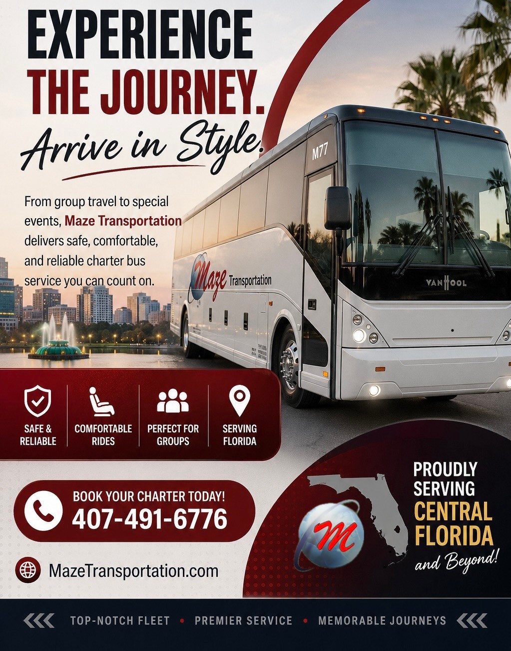 Whether you’re planning a corporate retreat, a school trip, a wedding shuttle, or a group getaway — the details matter. That’s why Central Florida trusts Maze Transportation to handle the ride.
Safe, comfortable, and reliable charter bus service that takes the stress off your plate so your group can focus on the experience. From the moment you book to the second you arrive, we’ve got you covered.
📞 407-491-6776 | 🌎 MazeTransportation.com