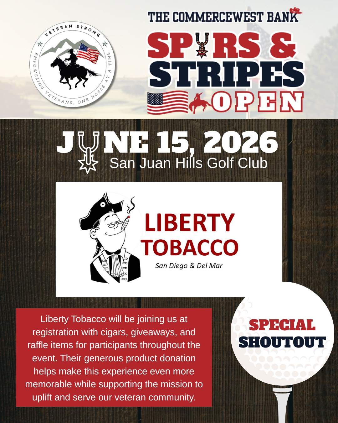 Big thank you to Liberty Tobacco for their generous product donation to the Commercewest Bank Spurs & Stripes Open benefiting Veteran Strong USA.
From cigars at registration to raffle items throughout the tournament, their support helps bring people together for a great cause while honoring those who served.
We appreciate your partnership and commitment to our veteran community.
For tickets, sponsorships, or more event info:
https://www.veteranstrongusa.com/spurs-and-stripes-2026
#SpursAndStripesOpen #VeteranStrongUSA #ThankYouSponsors #SupportVeterans #GolfEvent