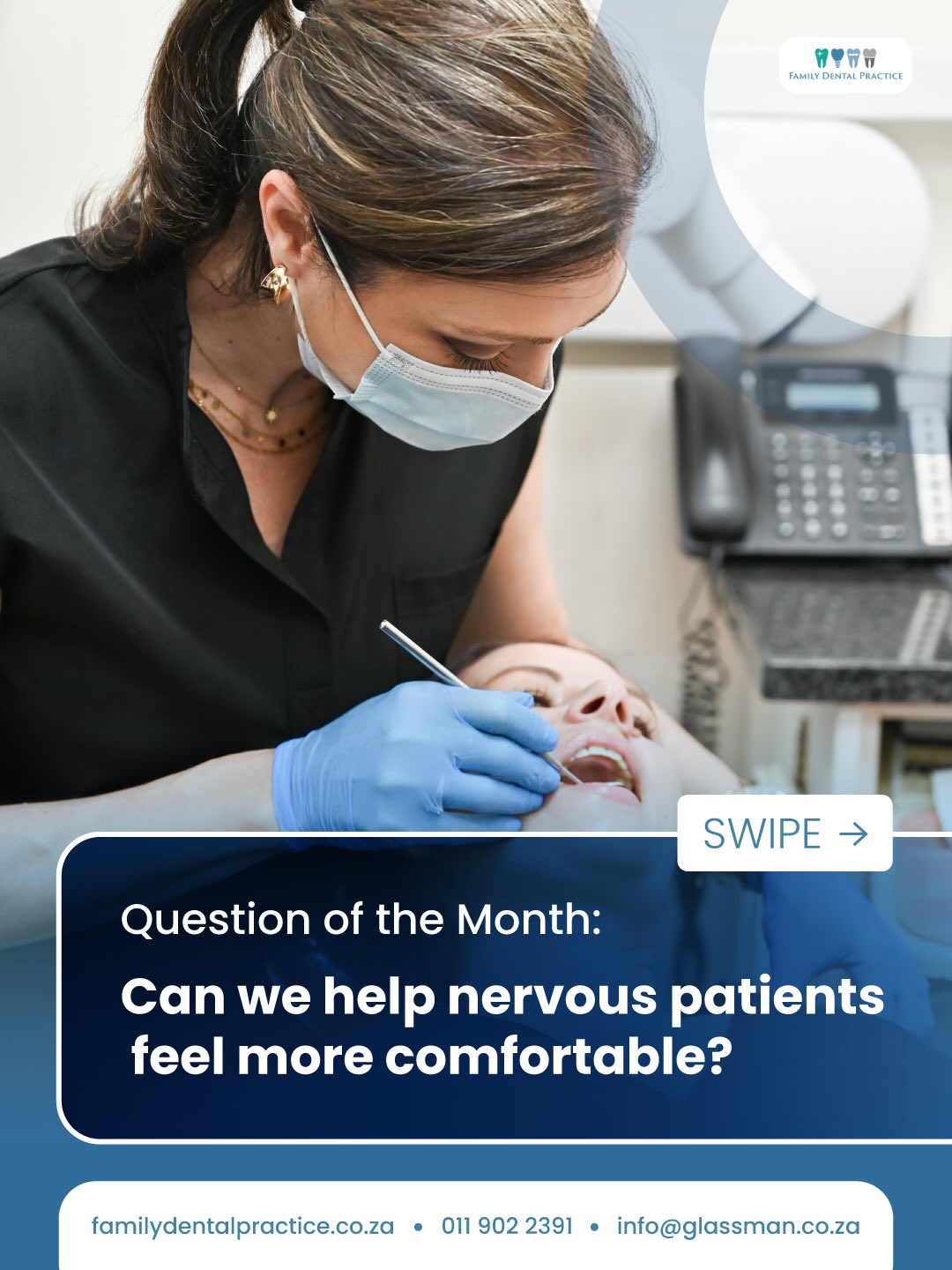 Feeling nervous about visiting the dentist is more common than many people think and yes, we can help.
At Family Dental Practice, we offer nitrous oxide, also known as happy gas, to help nervous patients feel more calm and comfortable during treatment. It is a safe and effective option that can help both adults and children feel more relaxed, making the experience gentler and far less stressful.
If dental anxiety has been keeping you away, speak to our team. We’re here to help you feel at ease.
🌐 familydentalpractice.co.za
📞 011 902 2391
📧 info@glassman.co.za
#FamilyDentalPractice #NervousPatients #HappyGas #NitrousOxide #DentalAnxiety