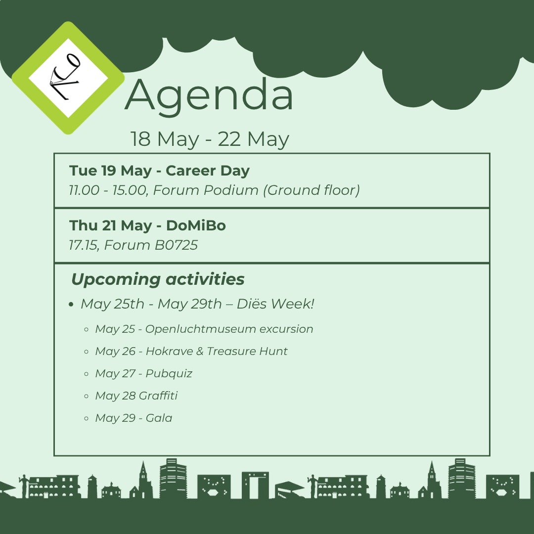 💚 This week's Agenda💚
Career Day
Explore the many directions you can take for your career after the study! Throughout the day, you can connect with a diverse group of companies from our field, offering insights into career paths, internships, and job opportunities.
DoMiBo
Get ready for DoMiBo Season! This Period will have 3 DoMiBo's! This DoMiBo is special; if the weather allows, we will be seated outside. Where the Barcie will organise a flunkyball tournament besides the drinks. And the Board will announce a new merch item!
Next week
Dies Week!
This week is full of activities, to celebrate Genius Loci's 36th Birthday! Be sure to join all activities!