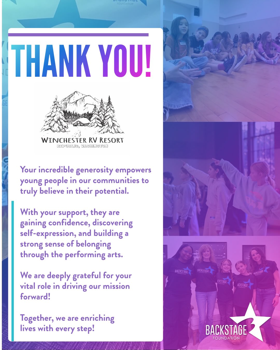 📣Our Annual Partner Highlight @winchester_rv_resort 🎉
Your incredible generosity empowers young people in our communities to truly believe in their potential. We are deeply grateful for your vital role in continuing to drive our mission forward!🥰🩷💜🩵
✨About Winchester RV Resort✨
Escape to the beauty of Northeast Washington at Winchester RV Resort & Mini Storage your year-round home base for adventure, relaxation, and small-town charm in Republic, WA.
🩷Whether you’re here for ATV riding on the nearby rail trails, fishing the Kettle River and Curlew Lake, hiking, hunting, or simply unwinding under the stars, Winchester offers full-hookup RV sites, cozy heated camper cabins, a welcoming camp kitchen, laundry facilities, firepits, a dog park, and a camp store stocked with all the essentials.
💜From peaceful mornings with free coffee to evenings gathered around the gazebo BBQs, Winchester is where families, outdoor lovers, and road travelers come to slow down, reconnect, and experience the best of Ferry County.
🩵We look forward to seeing you soon!
#TheBackstageFoundation #windchesterrvresort #AnnualPartner #nonprofit