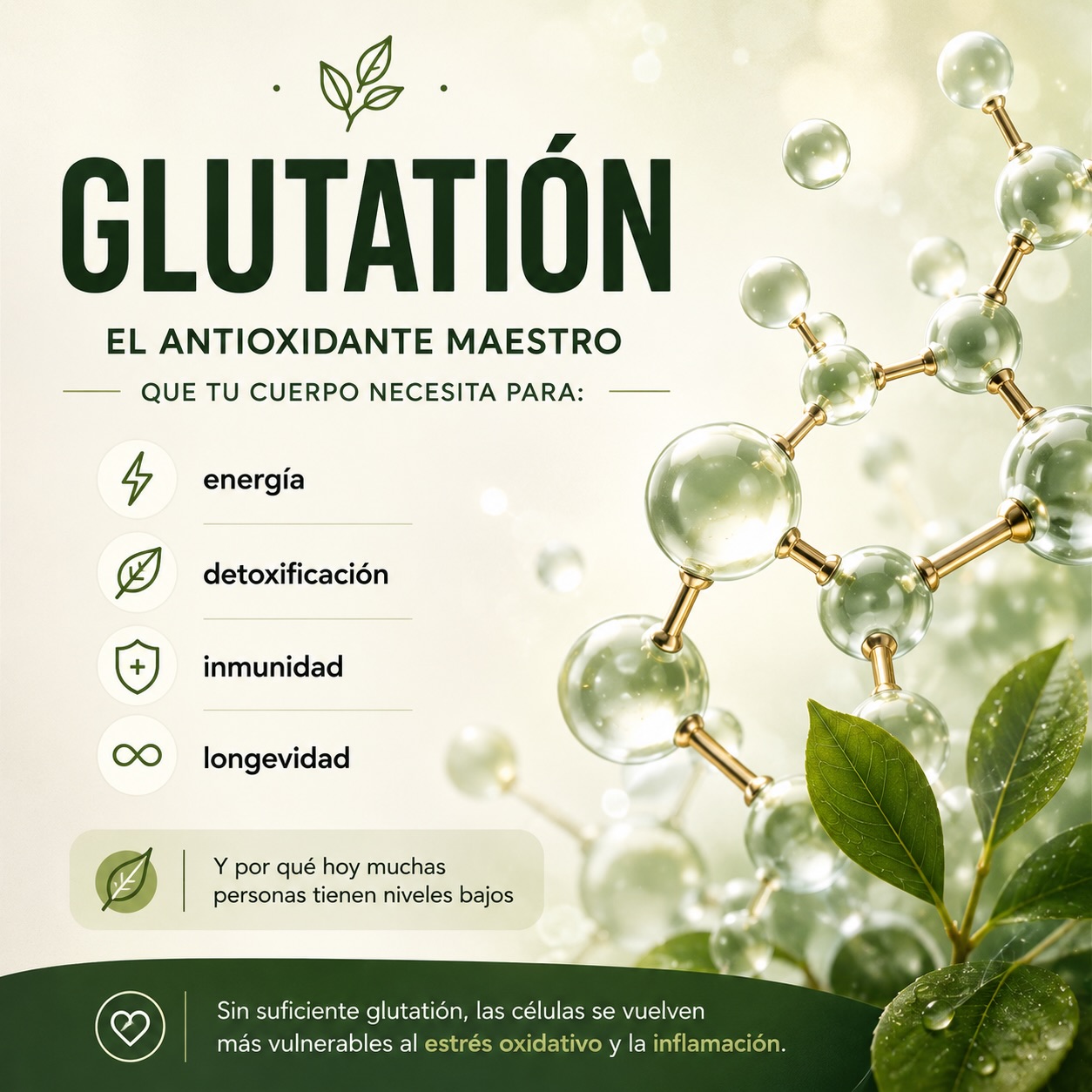 El glutatión es uno de los antioxidantes más importantes del cuerpo humano y participa en procesos esenciales como la detoxificación, la producción de energía celular, la protección frente al estrés oxidativo y el correcto funcionamiento del sistema inmune. ✨
El problema es que el estrés crónico, la inflamación, la contaminación, la falta de sueño y el estilo de vida moderno pueden disminuir sus niveles constantemente.
Y aunque una buena alimentación es fundamental, muchas veces no basta solo con “comer sano”. El cuerpo necesita los nutrientes adecuados para poder producir glutatión dentro de la célula.
Por eso cada vez más personas buscan apoyar sus niveles a través de hábitos, nutrición y suplementación enfocada en sus precursores. 🌿
Cuidar tu glutatión es cuidar tu energía, tu resiliencia y tu salud celular.
Escribe “GLUTATIÓN” si quieres que te comparta más información. 💚
#Glutatión #SaludCelular #EstrésOxidativo #BienestarIntegral #LongevidadSaludable