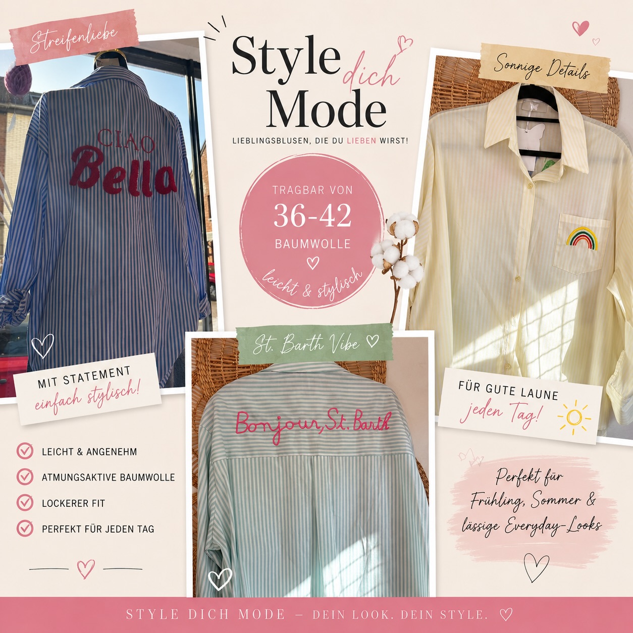 ✨ Neue Lieblingsblusen bei Style doch Mode ✨🌸
Locker, leicht & einfach stylisch 💕
Unsere Baumwoll-Blusen sind super angenehm zu tragen und passen von Größe 36–42 🌈
💙 Streifenliebe mit Statement
💛 Sonnige Details für gute Laune
💚 Frischer St. Barth Vibe
Perfekt für Frühling, Sommer & lässige Everyday-Looks ☀️👖
#styledochmode #blusenliebe #baumwollbluse #streifenlook #fashionstyle ootd frühlingsmode sommerlook