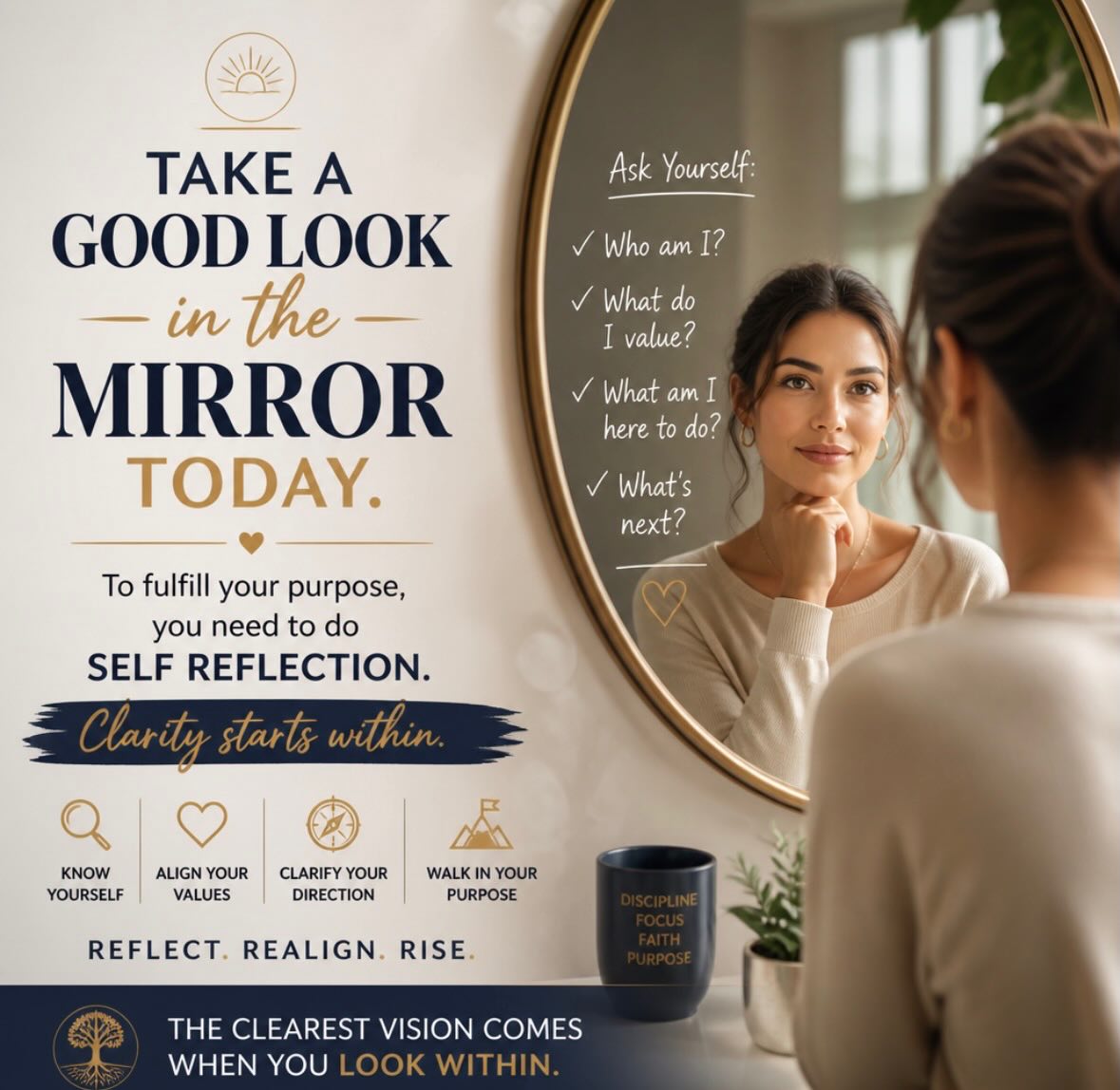 Take a good look in the mirror today.
Purpose requires honest self‑reflection.
We can’t lead well if we aren’t willing to see ourselves clearly. Growth begins when we pause long enough to evaluate our patterns, our motives, and our impact. The mirror doesn’t judge. It simply tells the truth. And truth is what equips us to rise.
Leaders who reflect lead with intention. Leaders who avoid reflection lead by accident.
Choose intention today.