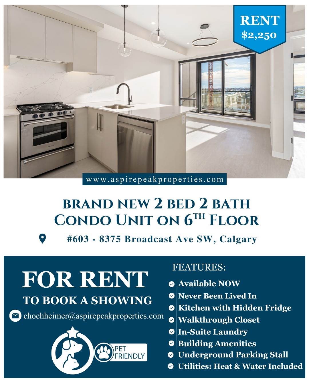 Modern living in West Springs! ✨
Welcome to Plaza—where style meets convenience! This brand-new 2-bed, 2-bath condo on the 6th floor is the perfect urban retreat with stunning views, modern finishes, and a walkthrough closet that actually makes sense. Never been lived in, and it's ready for you to move right in! 🏠
✅ 2 Bedrooms + 2 Full Bathrooms
✅ 6th Floor with Balcony
✅ Modern Kitchen with Hidden Fridge
✅ Walkthrough Closet
✅ In-Suite Laundry
✅ Pet Friendly 🐾
✅ Underground Parking Stall
✅ Heat & Water Included!
**Building Amenities:**
🎱 Lounge with Pool Table
🚴 Bike Room & Tire Pump
⚡ EV Chargers
🚗 Car Wash
🐾 Pet Wash
🌳 Courtyard
📦 Storage Lockers
Available NOW
$2,250/month | Heat & Water Included
Ready to experience the Plaza lifestyle? 📧 chochheimer@aspirepeakproperties.com
#WestSprings #ModernLiving #CondoLife #Calgary #PetFriendly #UrbanLiving #AspirePeakProperties