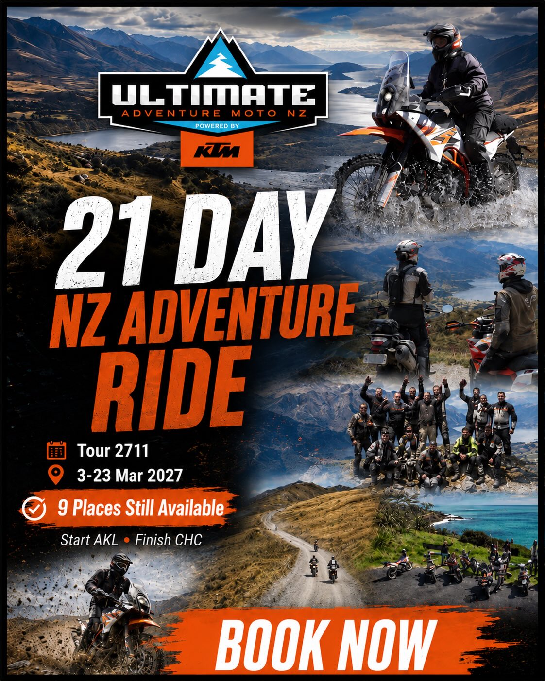 Ready for the ultimate New Zealand adventure ride?
Join NZ’s leading adventure motorcycle tour company, Ultimate Adventure Moto NZ, for our epic 21 Day NZ Adventure Ride, Tour 2711, running 3-23 March 2027.
This is New Zealand’s biggest off-road focused adventure motorcycle tour, covering 5,500km+ from Auckland to Christchurch, including remote back-country routes, gravel passes, coastal roads, rocky riverbeds, hard-packed beach sand, and some of the most spectacular scenery in the country.
As NZ’s only KTM approved tour operator, our professional and experienced team has planned every detail so you can focus on the ride.
What’s included:
🏍 KTM Motorcycle choice from our fleet
🗺 Pre-ridden routes and GPS navigation
👊 Experienced adventure tour guides
🚐 Luggage van support
🔧 Mechanical and medical assistance
🛏 Accommodation and ferry crossings
Limited to a maximum of 14 riders.
Only 9 places still available!
If you want the full New Zealand back-country adventure experience, this is the one.
👉 Learn More at www.ultimateadvmoto.co.nz
#UltimateAdventureMotoNZ #AdventureMotorcycleTour #NZAdventureRide #NewZealandMotorcycleTour #KTMAdventure AdventureRiding OffRoadAdventure MotorcycleTour RideNewZealand BackCountryNZ KTM AdventureBike ADVLife MotoAdventure