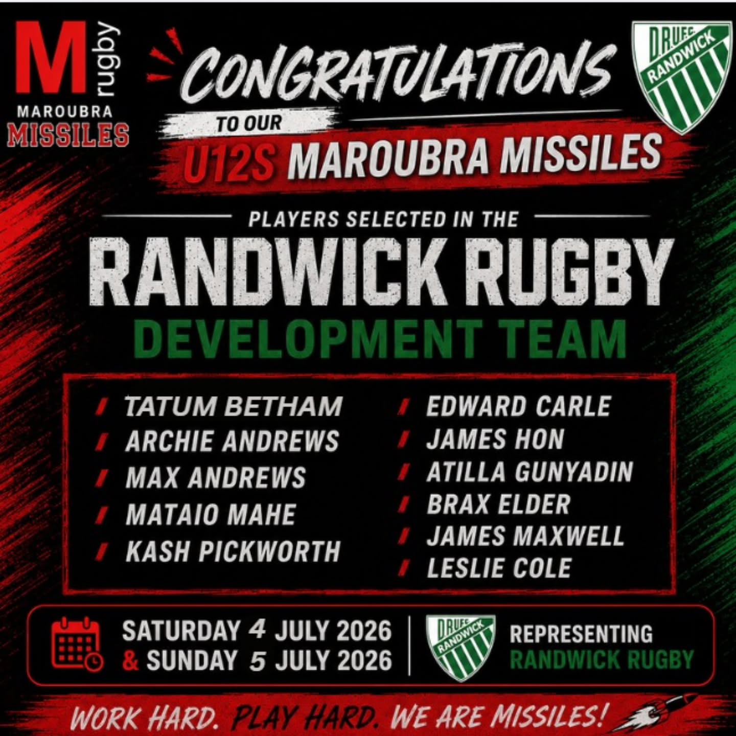 A massive congratulations to our U12s Missiles players selected in the @randwickrugbyjuniors Development team:
Tatum, Archie, Max, Mataio, Kash, Edward, James, Attila, Brax, James and Leslie.!
The U12s State Gala will be on the 4th and 5th July in Narrabeen π
Looking forward to seeing you all in action π