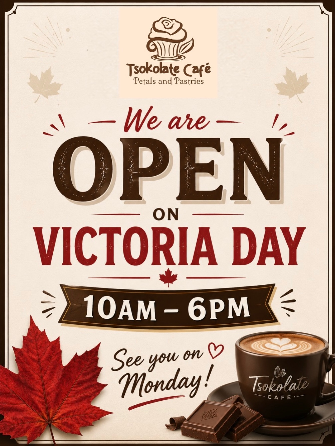 HOLIDAY HOURS ARE LIVE! Most places close for Victoria Day. We are doing the opposite.
Monday, May 18th, 2026 we are open 10am to 6pm at TSOKOLATE CAFE
📍57 York St, London, ON.
Whether you need a quiet coffee before the day gets busy, a box of pastries for the family, or just a break from the long weekend traffic, we have you covered.
See you at the shop.
#LondonOntario #LdnOnt #LDNONT #ForestCity #LondonON SupportLocalLDN LondonEats YQG DowntownLondonON OntarioCafe CanadianCafe LondonOntarioEats VisitLondonON LondonONBusiness LocalLondonON LondonONFoodie CafeLondonON LDNEvents VictoriaDay LongWeekendLondon